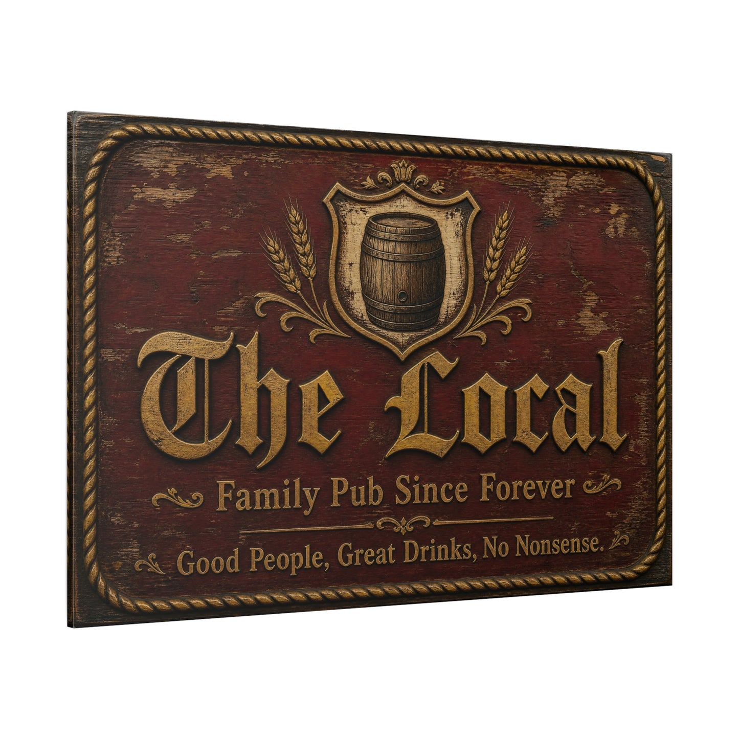 "The Local" Vintage Pub Canvas Wall Art - Rustic Tavern Sign, Barrel Crest Typography - Distressed Wood Look, Traditional Style - Bar Room Decor, Man Cave Accent, Restaurant Wall Hanging