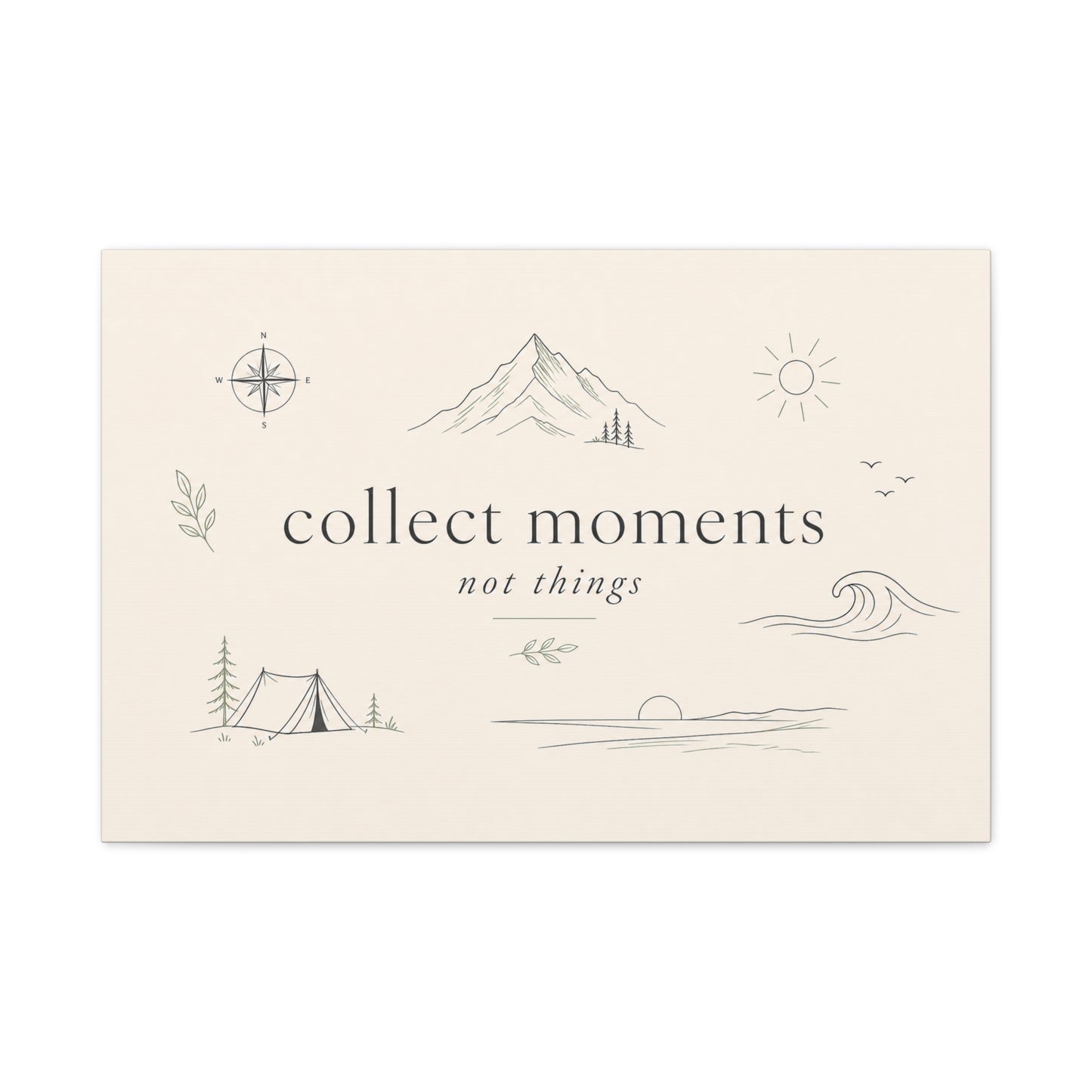 "Collect Moments Not Things" Minimalist Canvas Wall Art - Mountain, Compass, Wave Line Drawing - Neutral Typography Print - Boho Modern Wall Decor For Living Room, Bedroom, Office Accent