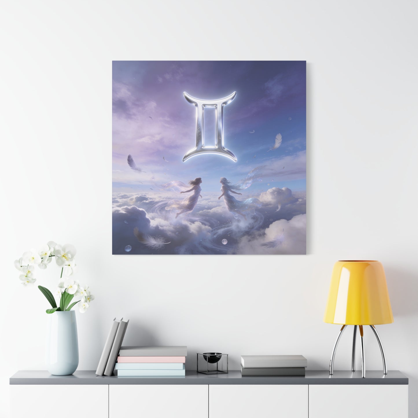 Gemini Zodiac Canvas Art Print - Glowing Twin Symbol, Ethereal Sky Illustration - Dreamy Celestial Typography Style - Cotton Canvas Decor For Bedroom, Living Space, Meditation Room - Office Wall Art