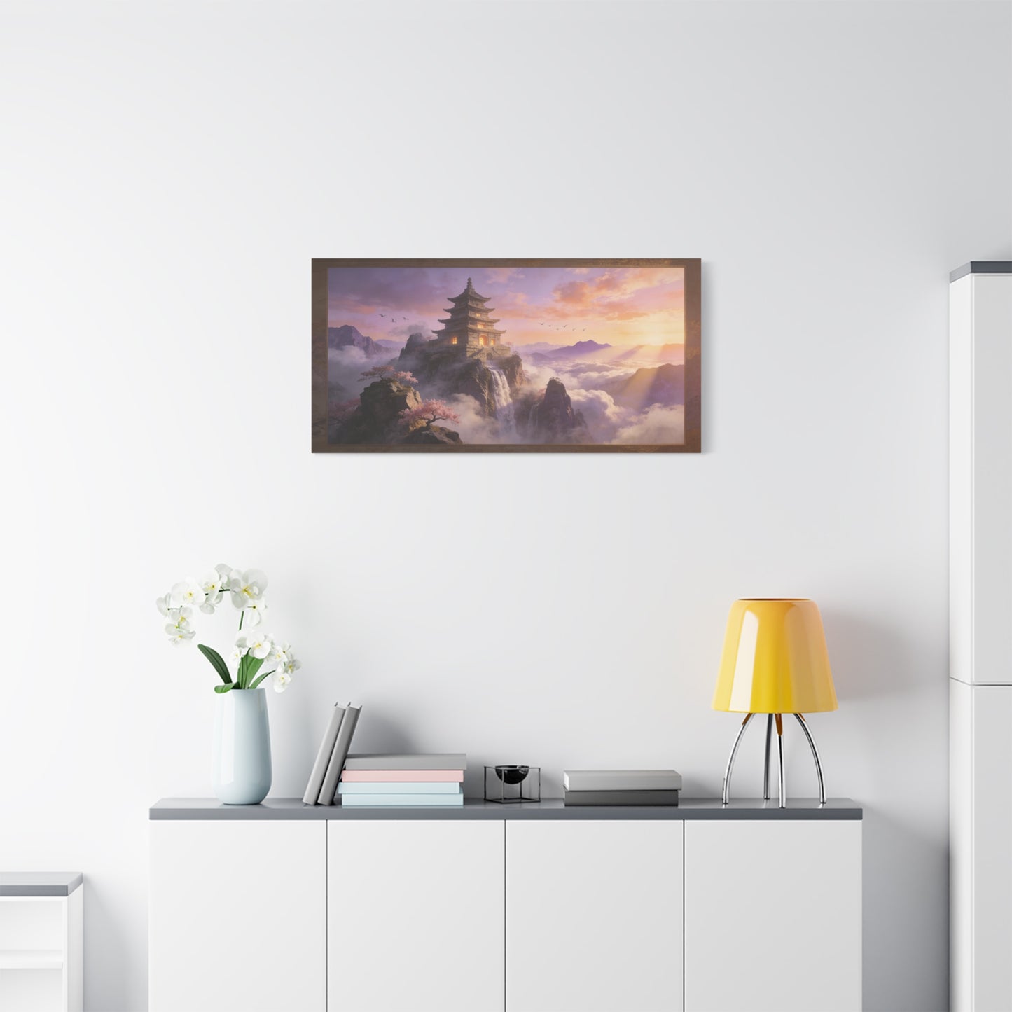 Mountain Pagoda Canvas Wall Art - Misty Sunrise Temple, Waterfall And Cherry Blossoms - Framed Landscape Print, Serene Traditional Style - Living Room Wall Decor, Bedroom Decoration - Ready to Hang