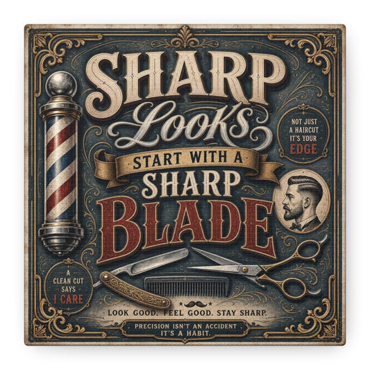 "Sharp Looks Start With A Sharp Blade" Barber Canvas Wall Art - Vintage Barbershop Quote Sign, Razor Scissors Pole Illustration - Traditional Typography - Salon Wall Art Workspace Decor