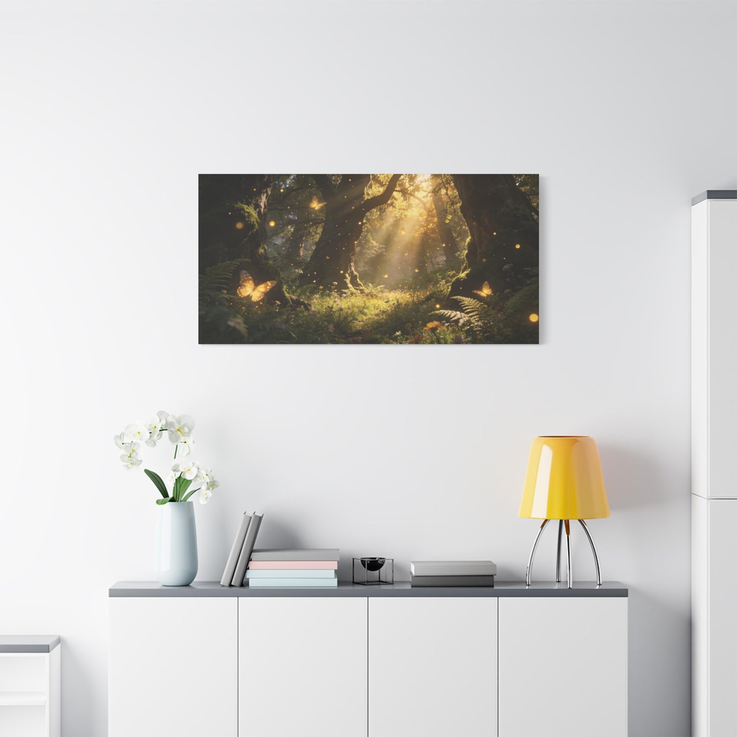 Enchanted Forest Canvas Wall Art - Sunlit Butterflies, Woodland Glade Scene - Matte Cotton Canvas Print - Fantasy Nature Style - Living Room Wall Decor, Bedroom Home Decoration - Cozy Reading Nook Art