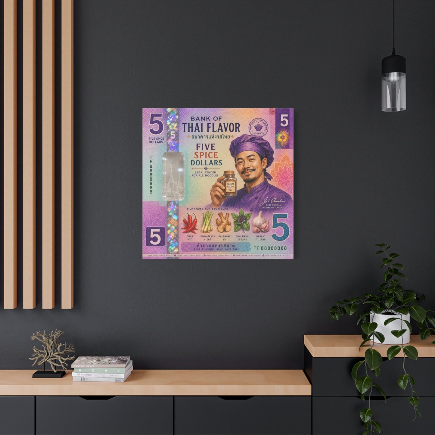"Bank Of Thai Flavor" Thai Chef Canvas Wall Art - Five Spice Dollars Food Illustration, Colorful Typography Print, Eclectic Kitchen Decor, Cafe Wall Decor, Restaurant Wall Accent - Ready to Hang