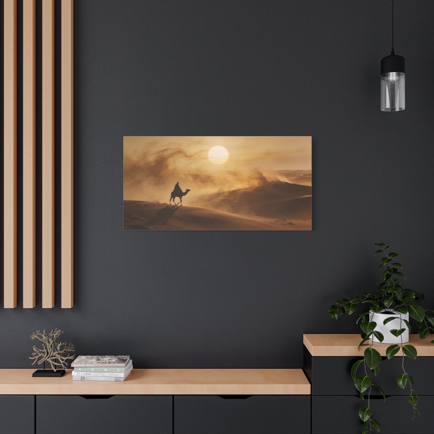 Desert Camel Rider Canvas Wall Art - Golden Sun Sand Dunes Landscape Print - Matte Cotton Artwork, Contemporary Style - Living Room Wall Decor, Bedroom Home Decoration - Bedroom Home Decoration