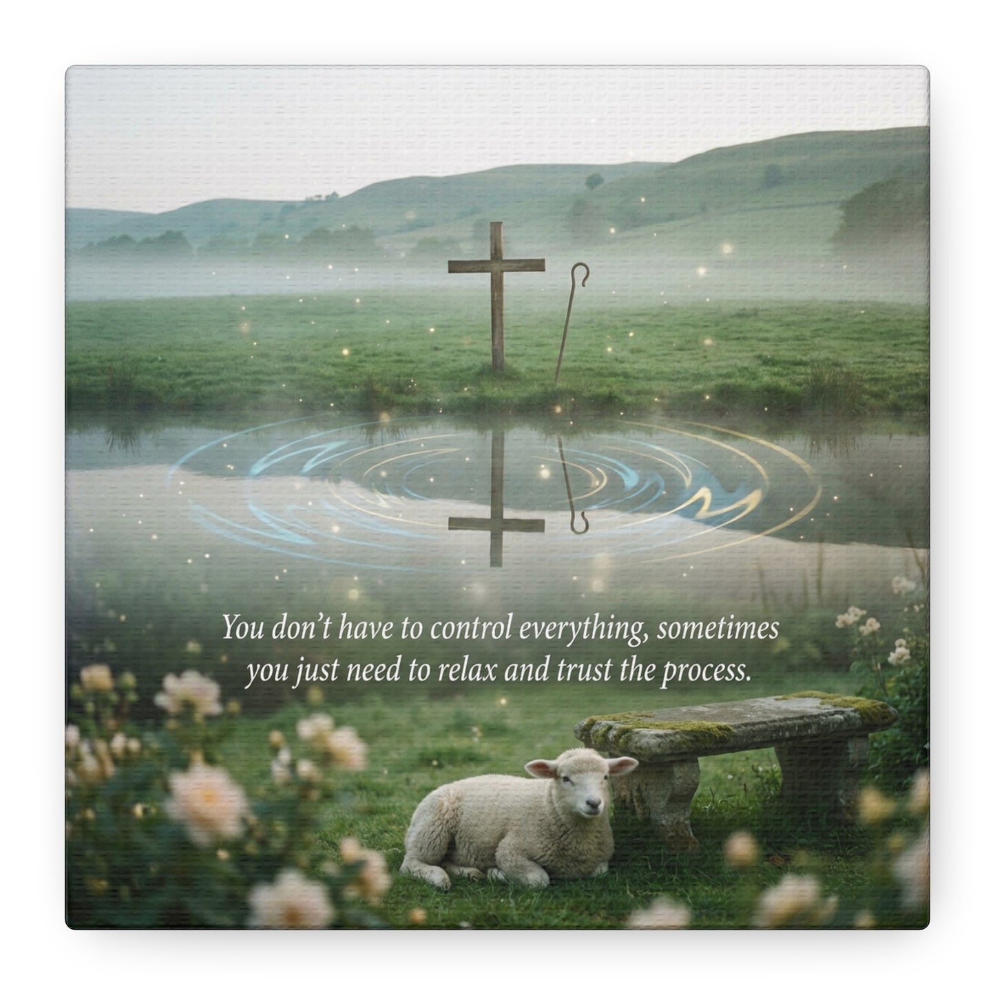 "You Don’t Have To Control Everything, Sometimes You Just Need To Relax And Trust The Process" Canvas Wall Art - Christian Cross, Lamb Meadow Scene - Inspirational Farmhouse Decor - Office Wall Art