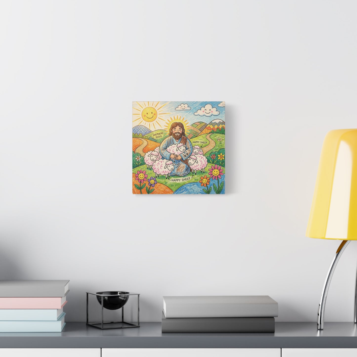 "Shepherd Jesus" "Happy Sheep" Jesus Canvas Wall Art - Christian Kids Nursery Decor, Colorful Religious Print - Matte Cotton Canvas - Playroom Bedroom Classroom Decoration - Living Room Wall Decor