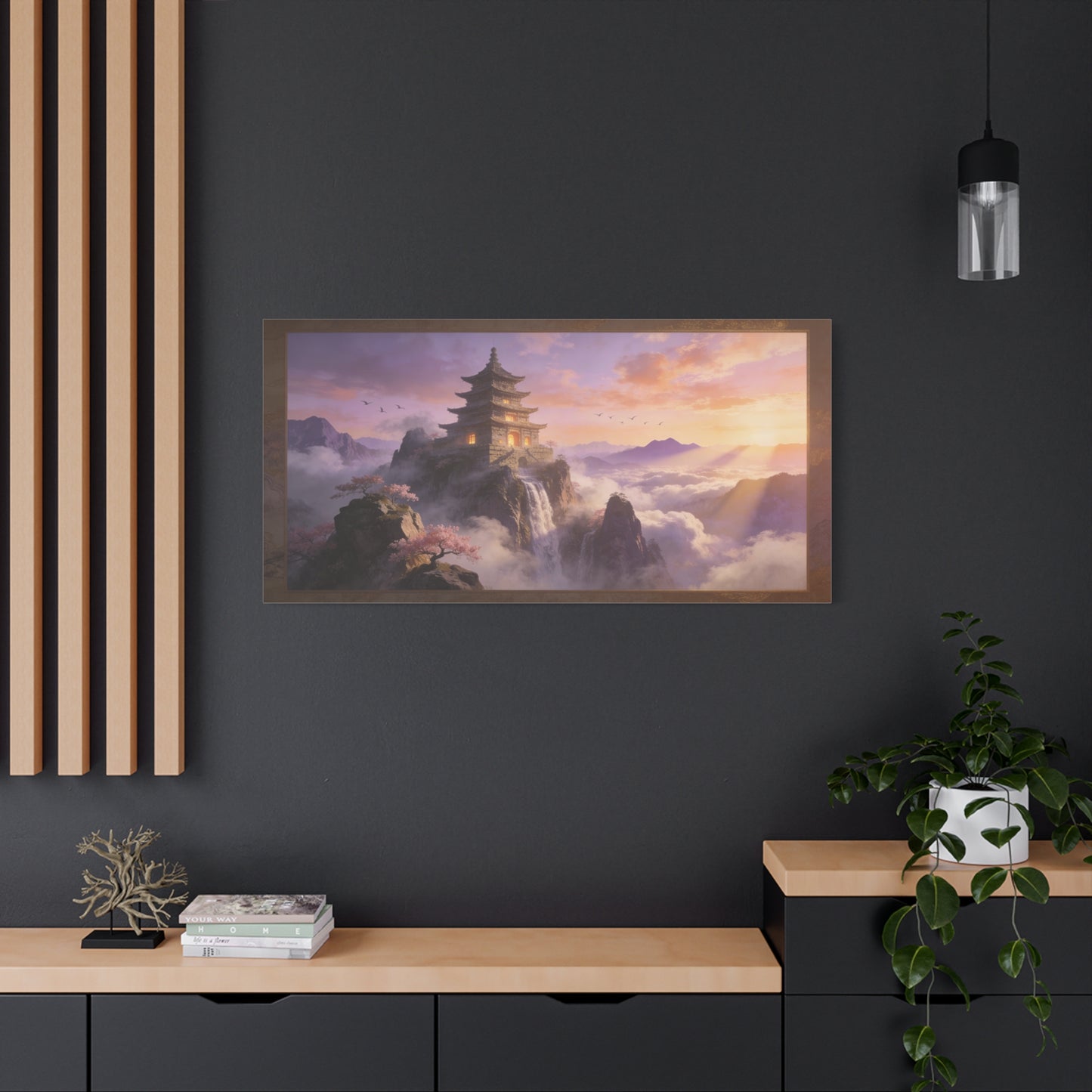 Mountain Pagoda Canvas Wall Art - Misty Sunrise Temple, Waterfall And Cherry Blossoms - Framed Landscape Print, Serene Traditional Style - Living Room Wall Decor, Bedroom Decoration - Ready to Hang