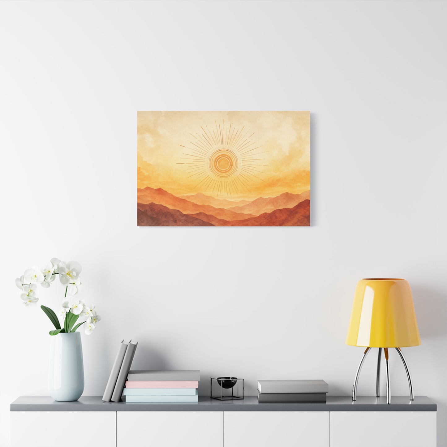 Sunburst Desert Mountain Canvas Wall Art - Golden Watercolor Landscape Print, Contemporary Southwest Style - Living Room Wall Decor, Bedroom Home Decoration, Meditation Space Accent - Ready to Hang