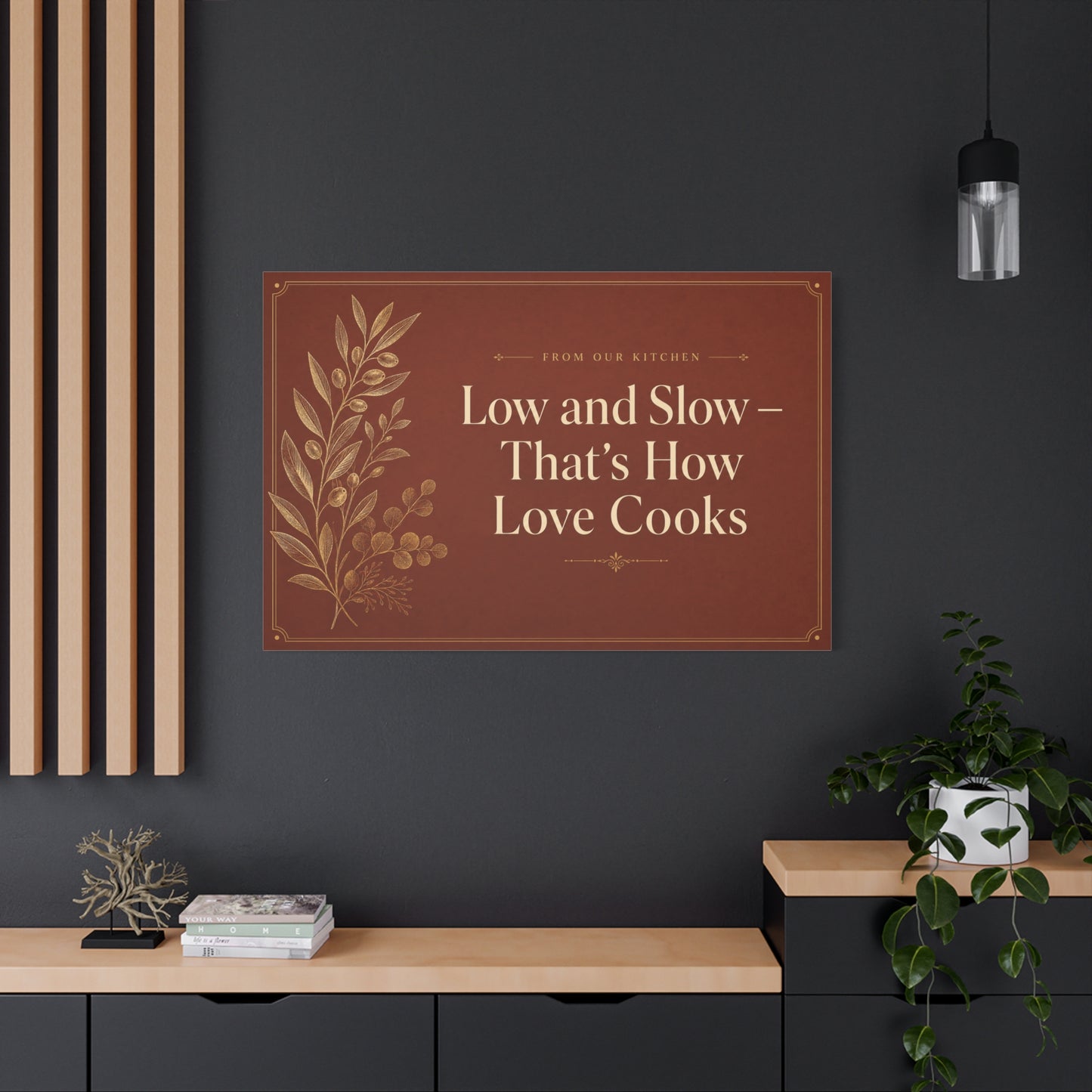 "Low And Slow - That's How Love Cooks" Kitchen Canvas Wall Art - Rustic Typography Botanical Print - Brown Farmhouse Dining Room Decor - Office Wall Art - Bedroom Home Decoration - Ready to Hang
