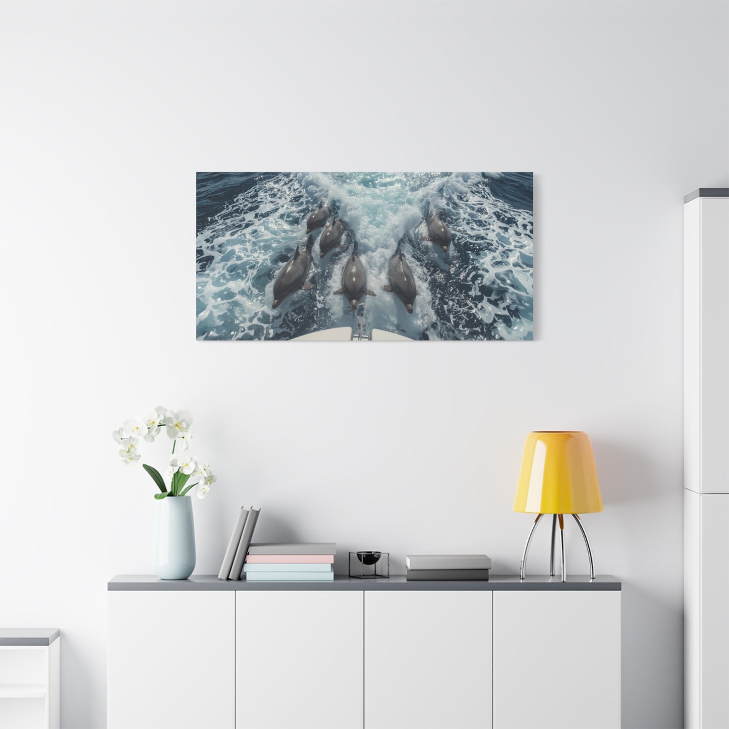 Dolphin Pod Canvas Wall Art, Ocean Wildlife Print Picture - Blue Sea Foam Art Print, Coastal Style, Living Room Wall Decor, Bedroom Home Decoration, Vacation Rental Accent - Bedroom Home Decoration