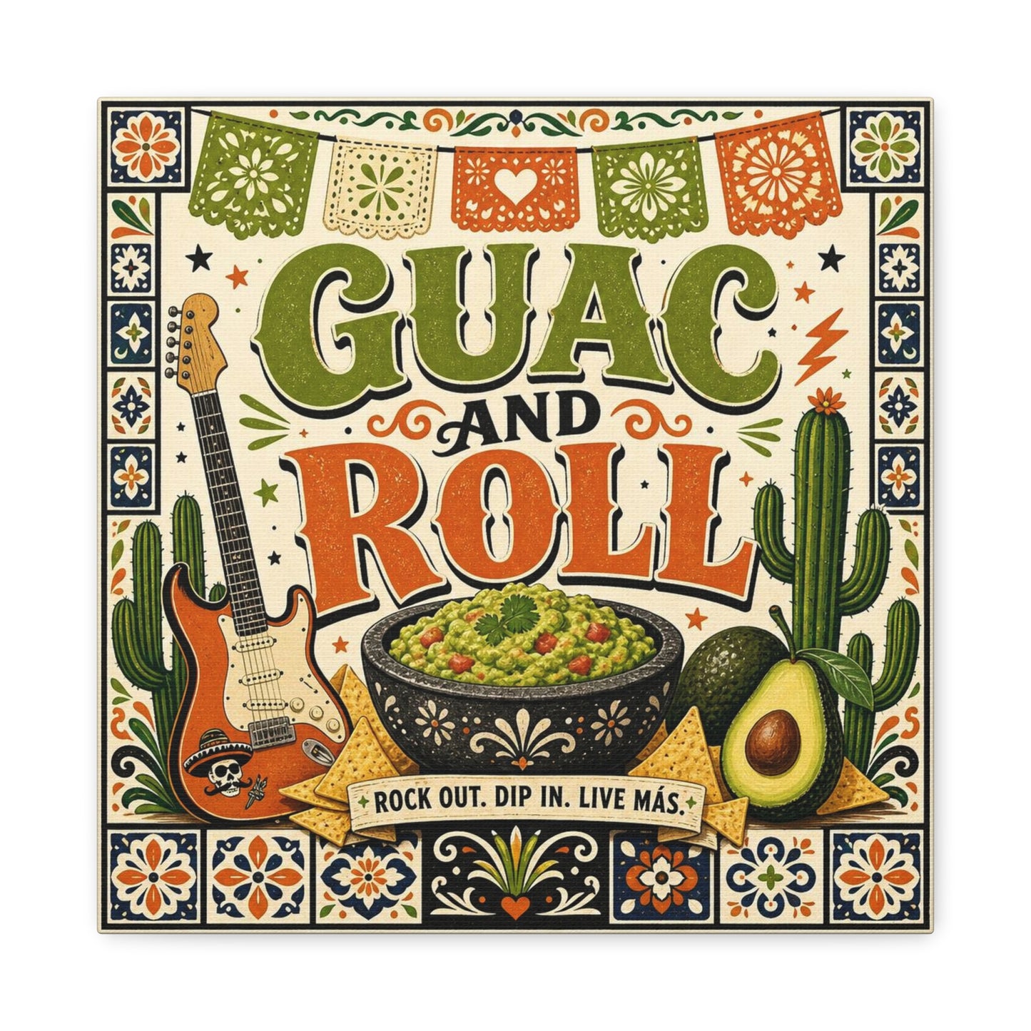 "Guac And Roll" Typography Canvas Wall Art - Fiesta Guitar, Cactus, Avocado Folk Illustration - Bohemian Rustic Style - Kitchen Wall Decor, Dining Room Accent, Cafe Wall Decor - Modern Farmhouse Style