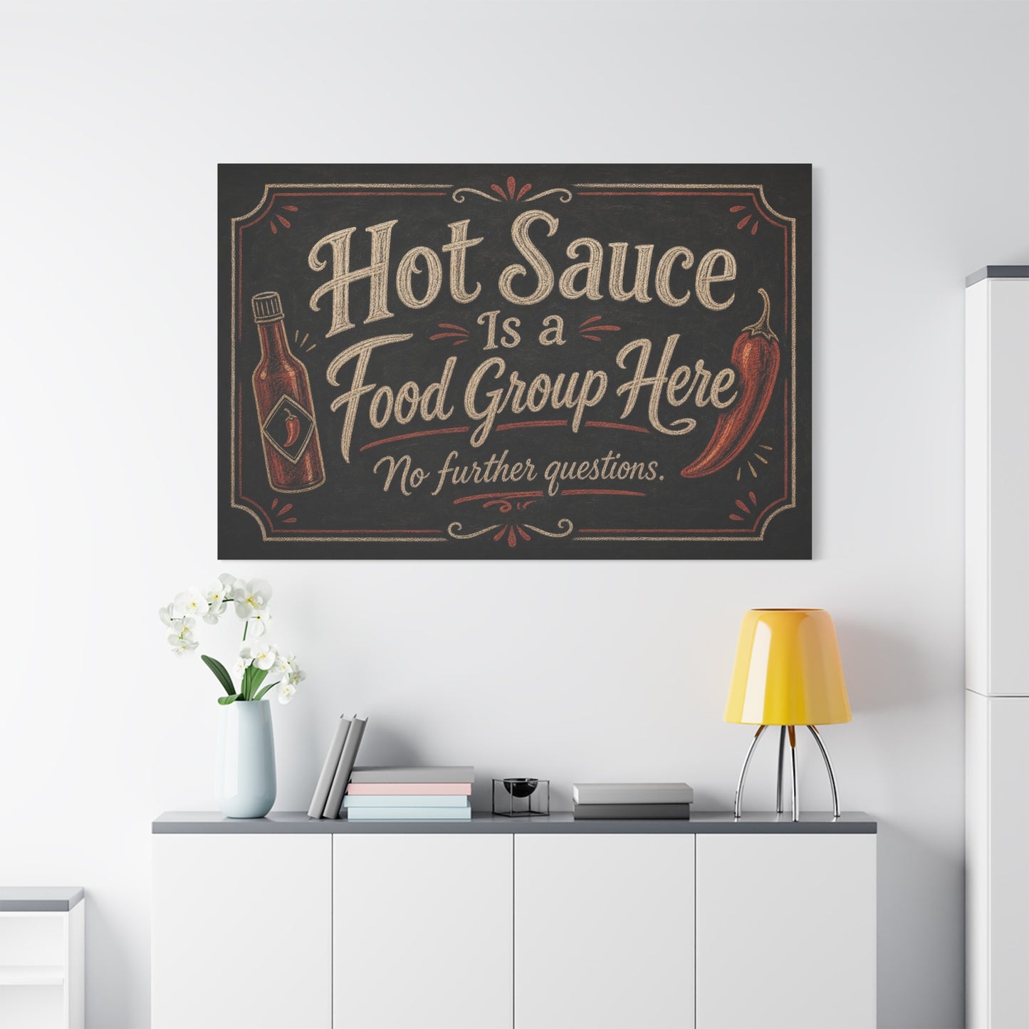 "Hot Sauce Is a Food Group Here No further questions." Canvas Wall Art - Chalkboard Kitchen Quote - Vintage Rustic Typography - Dining Room Wall Decor - Modern Farmhouse Style - Modern Farmhouse Style