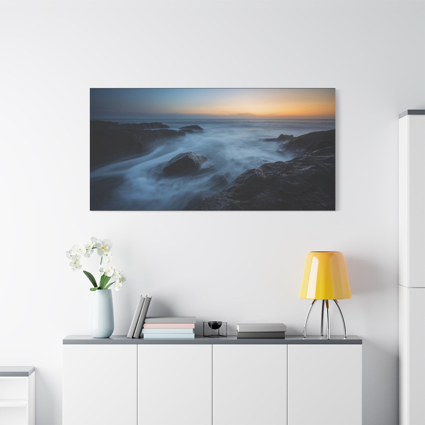 Rocky Ocean Seascape Canvas Wall Art - Long Exposure Coastal Sunset Art Print, Blue Water And Dark Stone Shoreline - Contemporary Matte Canvas Print - Living Room Bedroom Office Decor