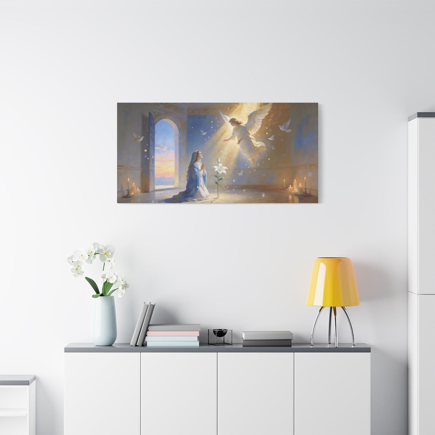 Virgin Mary Angel Canvas Wall Art - Annunciation Religious Print, White Lily, Doves, Golden Light - Traditional Matte Canvas - Bedroom Christian Wall Decor, Meditation Space - Bedroom Home Decoration