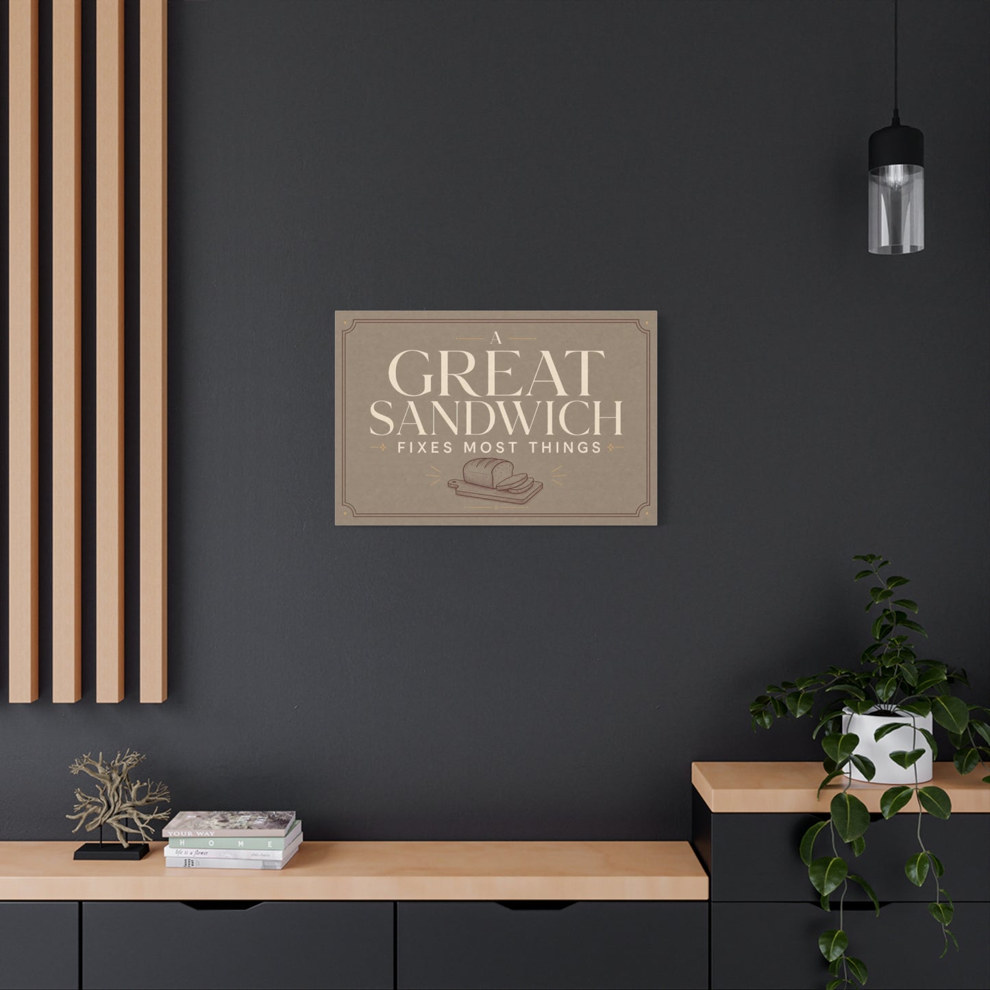 "A Great Sandwich Fixes Most Things" Canvas Wall Art - Vintage Typography Bread Illustration - Neutral Farmhouse Style - Funny Food Quote - Deli Wall Decor - Sandwich Shop Sign - Diner Decor