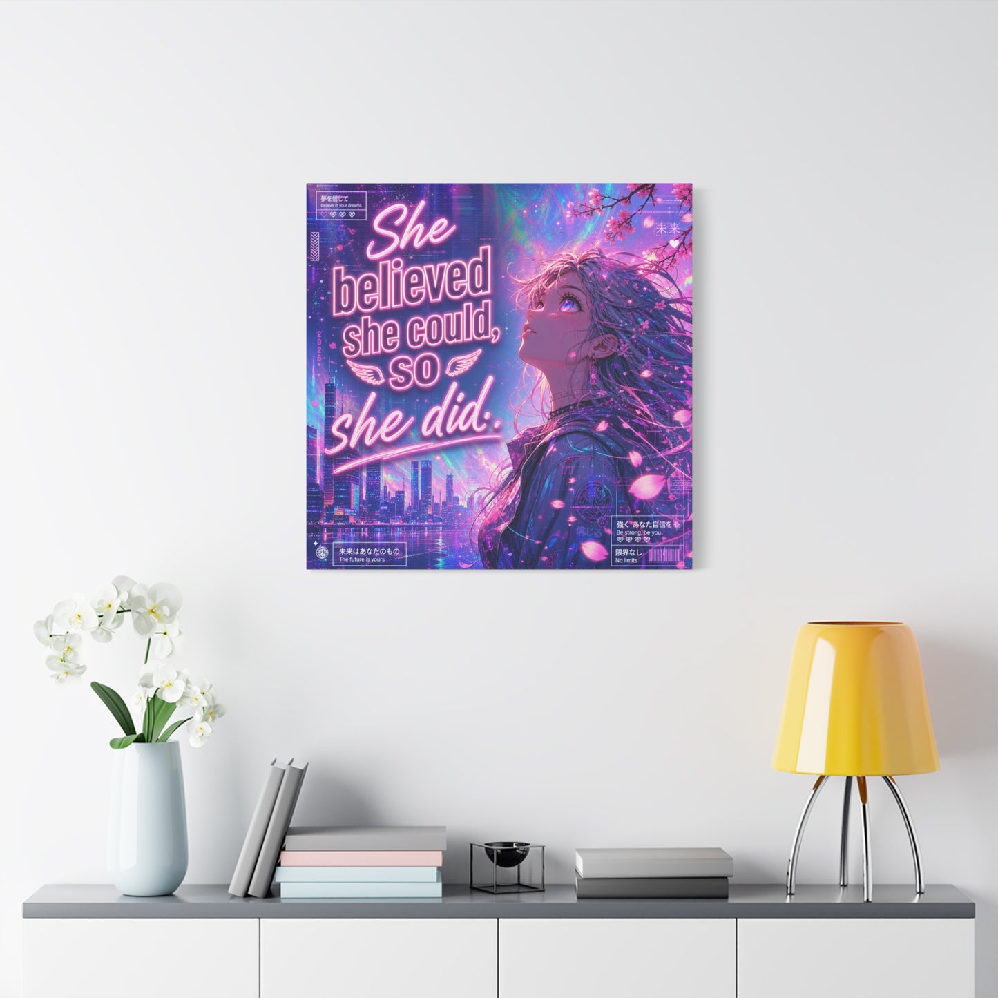 "She Believed She Could, So She Did" Anime Girl Canvas Wall Art - Neon Sakura Cityscape, Inspirational Typography Print - Contemporary Bedroom Wall Decor, Teenager Room Decor - Bedroom Home Decoration