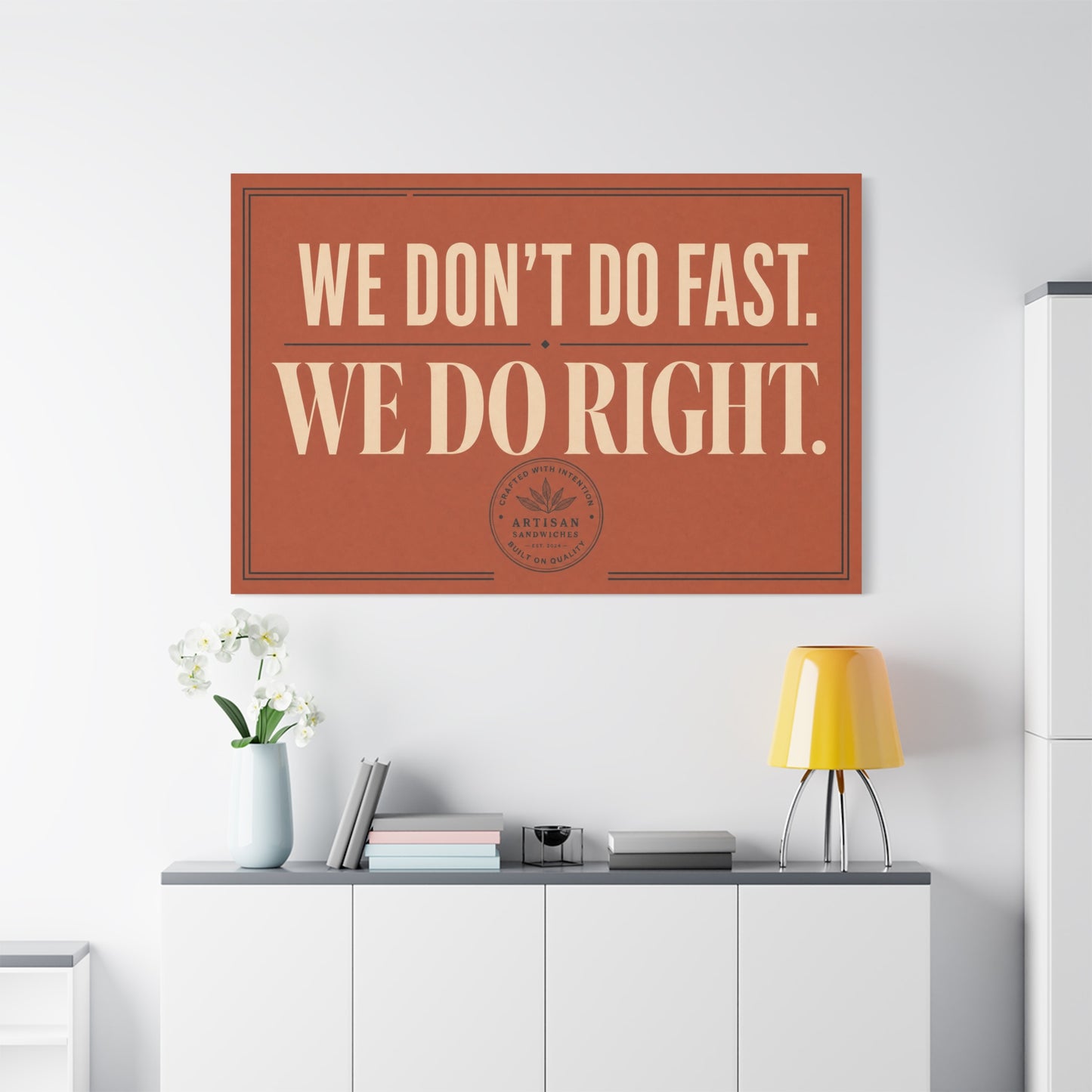 "We Don't Do Fast. We Do Right." Typography Canvas Wall Art - Vintage Restaurant Quote Decor, Rustic Wall Hanging, Artisan Sandwich Sign Style - Ready to Hang - Sandwich Shop Sign - Diner Decor