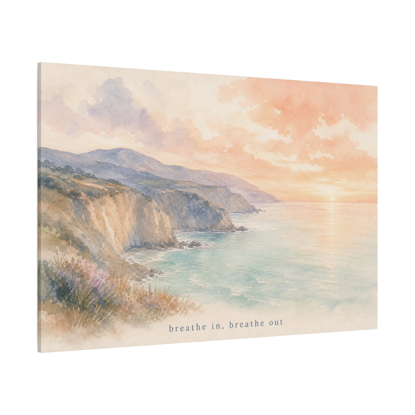 "Breathe In, Breathe Out" Coastal Sunset Canvas Wall Art - Watercolor Cliff Seascape, Jellyfish Room Decor, Serene Beach Landscape Print - Bedroom Home Decoration, Meditation Space - Office Wall Art