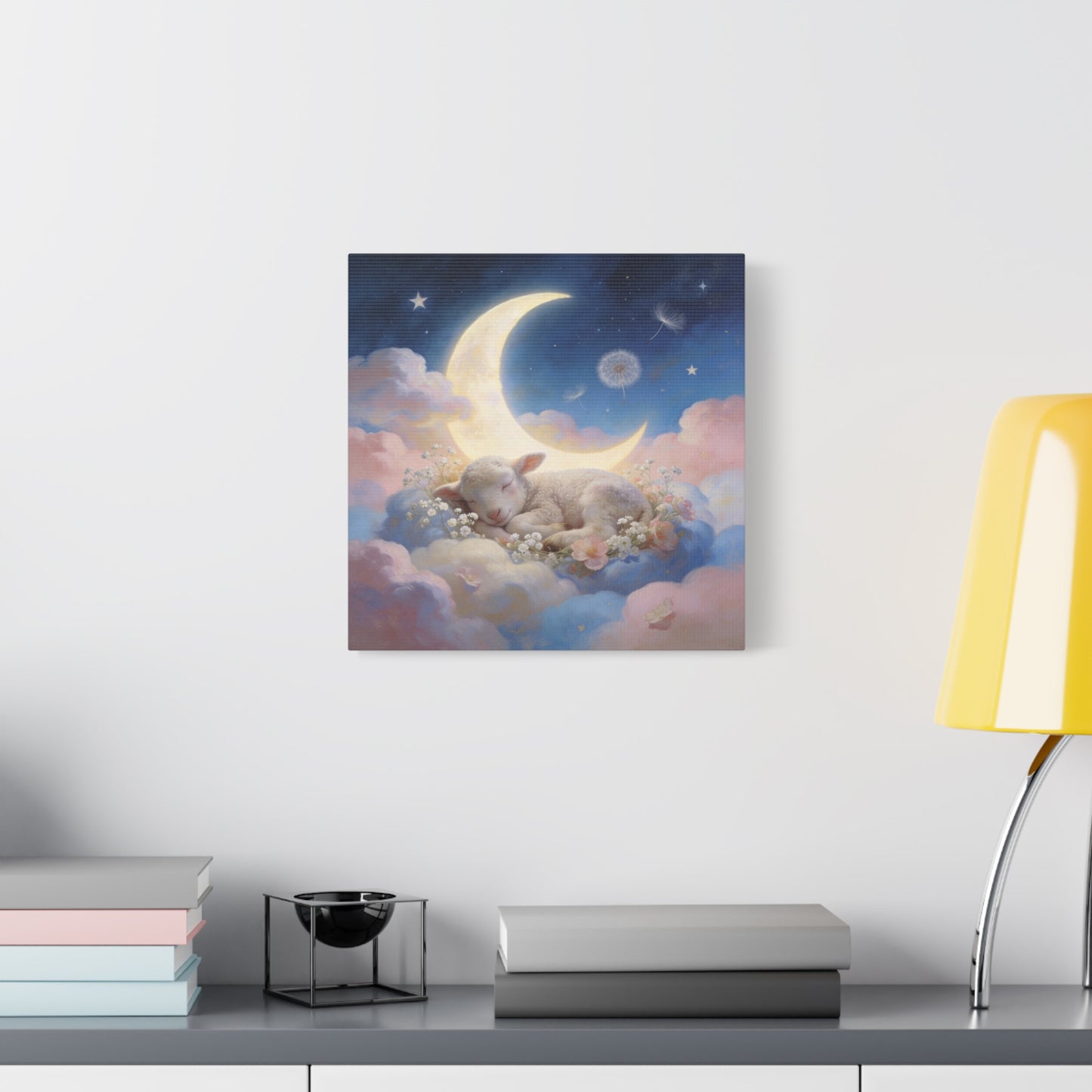 Sleeping Lamb Canvas Wall Art - Crescent Moon, Stars, Pink Clouds Nursery Decor - Dreamy Pastel Canvas Print - Whimsical Storybook Style - Bedroom Home Decoration, Kids Room Accent - Office Wall Art