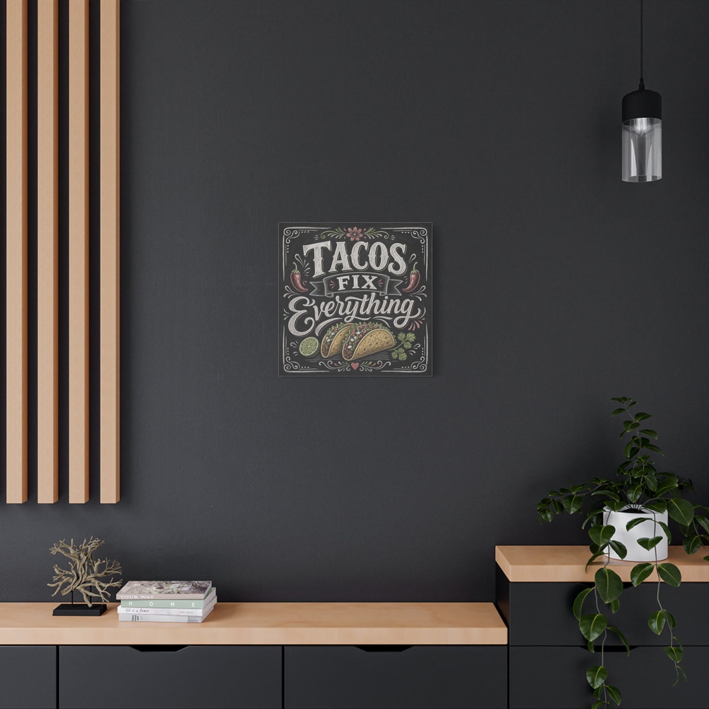 "Tacos Fix Everything" Canvas Wall Art - Chalkboard Taco Kitchen Print, Rustic Typography Decor - Matte Cotton Art Print - Farmhouse Dining Room Accent, Cafe Interior Style - Living Room Wall Decor