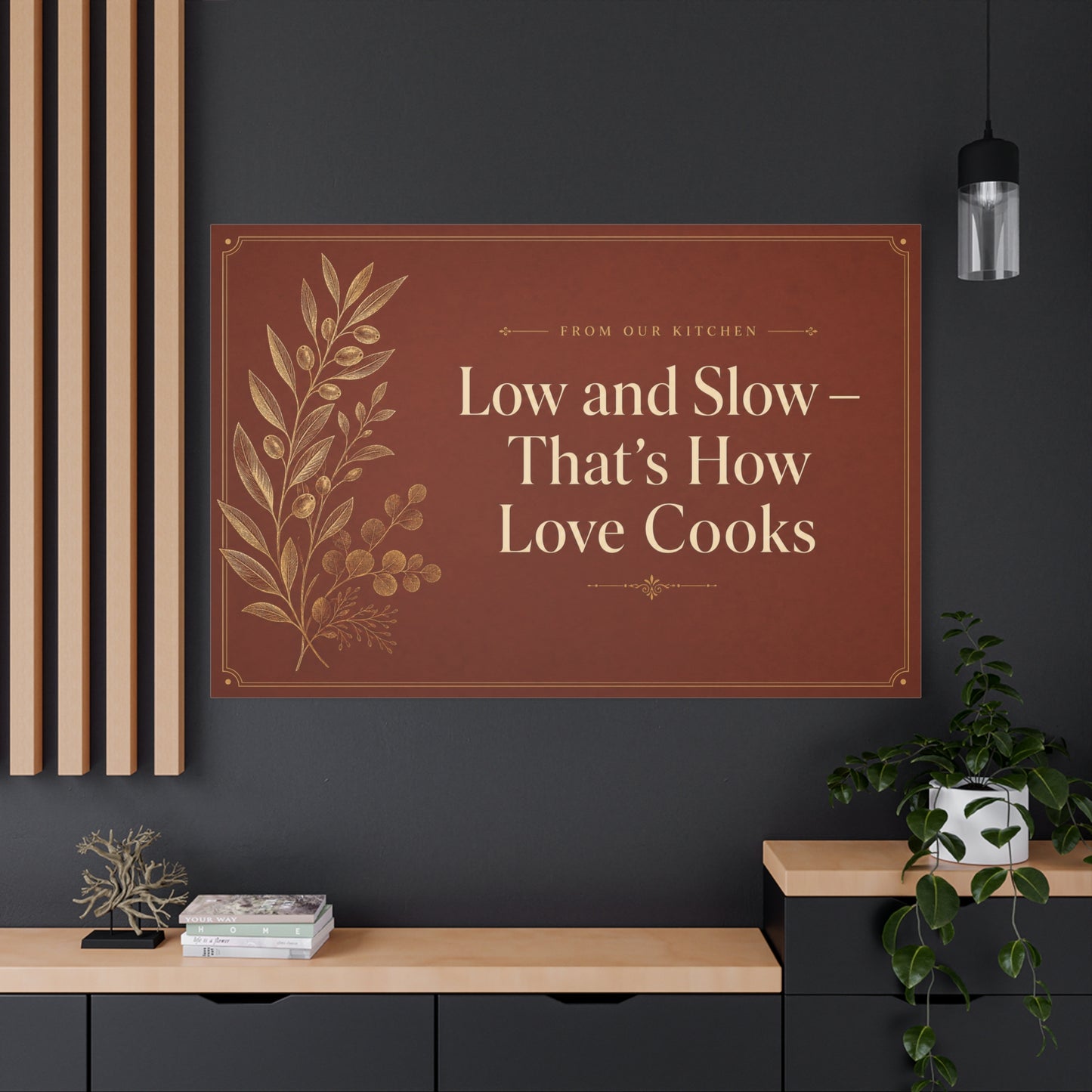 "Low And Slow - That's How Love Cooks" Kitchen Canvas Wall Art - Rustic Typography Botanical Print - Brown Farmhouse Dining Room Decor - Office Wall Art - Bedroom Home Decoration - Ready to Hang