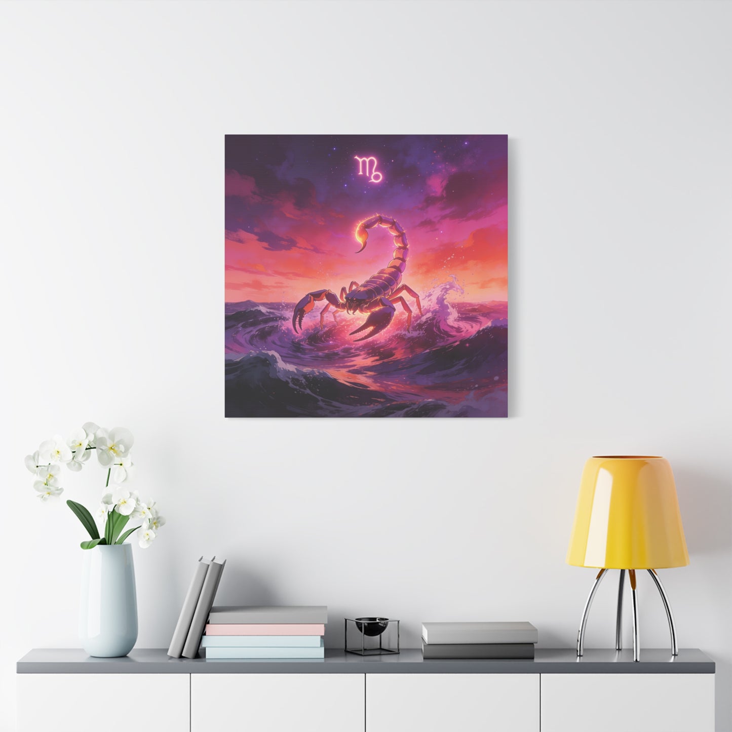 Scorpio Zodiac Canvas Wall Art - Glowing Scorpion Ocean Illustration, Celestial Astrology Print - Matte Cotton Canvas - Modern Fantasy Style - Bedroom Wall Decor, Home Office Accent - Ready to Hang
