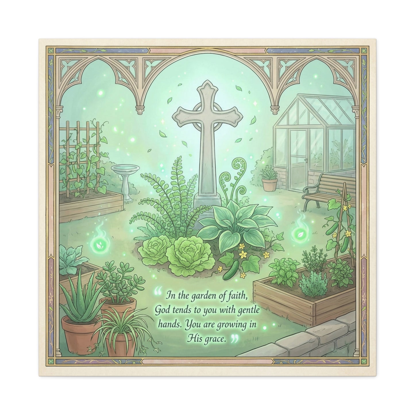 "In The Garden Of Faith" Christian Canvas Wall Art - Cross Garden Quote Print - Botanical Scripture Decor, Matte Cotton Canvas - Traditional Religious Wall Decor For Bedroom Office - Ready to Hang