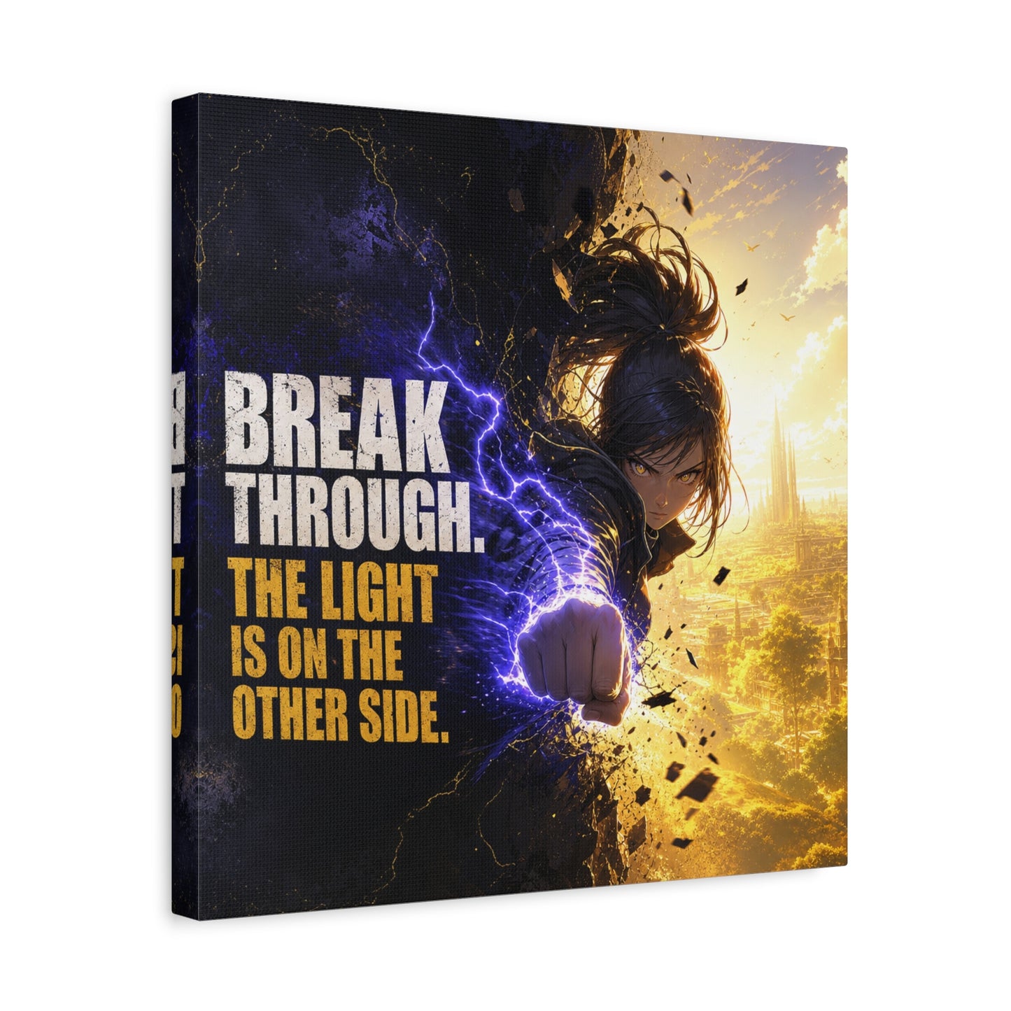 "Break Through. The Light Is On The Other Side." Anime Canvas Wall Art - Motivational Fantasy Girl Poster Print, Dramatic Gold Lightning, Contemporary Bedroom Decor, Teen Room Accent - Office Wall Art
