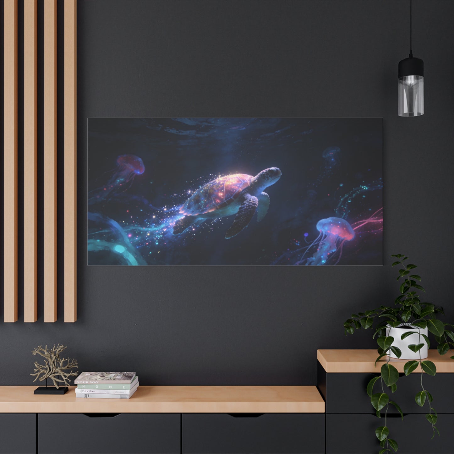 Sea Turtle Canvas Wall Art - Glowing Underwater Jellyfish Ocean Scene, Fantasy Marine Canvas Print - Contemporary Blue Seascape - Living Room Wall Decor, Bedroom Home Accent - Bedroom Home Decoration