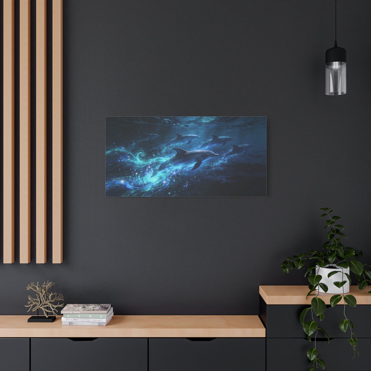 Dolphin Pod Canvas Wall Art - Glowing Underwater Ocean Scene, Blue Fantasy Marine Print - Matte Cotton Artwork - Coastal Style Living Room Wall Decor, Bedroom Home Decoration - Bedroom Home Decoration