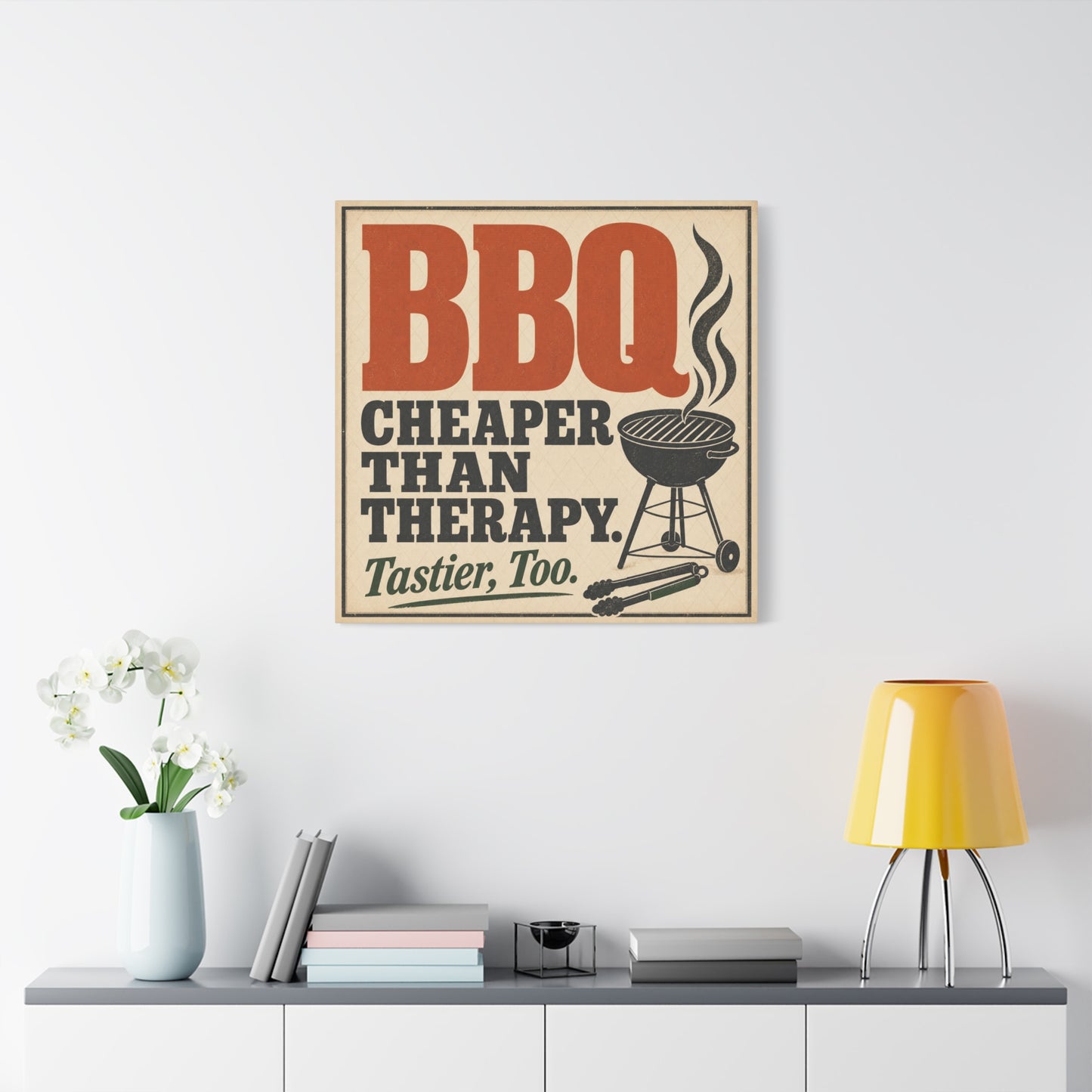 "BBQ Cheaper Than Therapy. Tastier, Too." Canvas Wall Art - Vintage Grill Quote Kitchen Decor - Rustic Typography Print, Farmhouse Barbecue Sign - Modern Farmhouse Style - Living Room Wall Decor