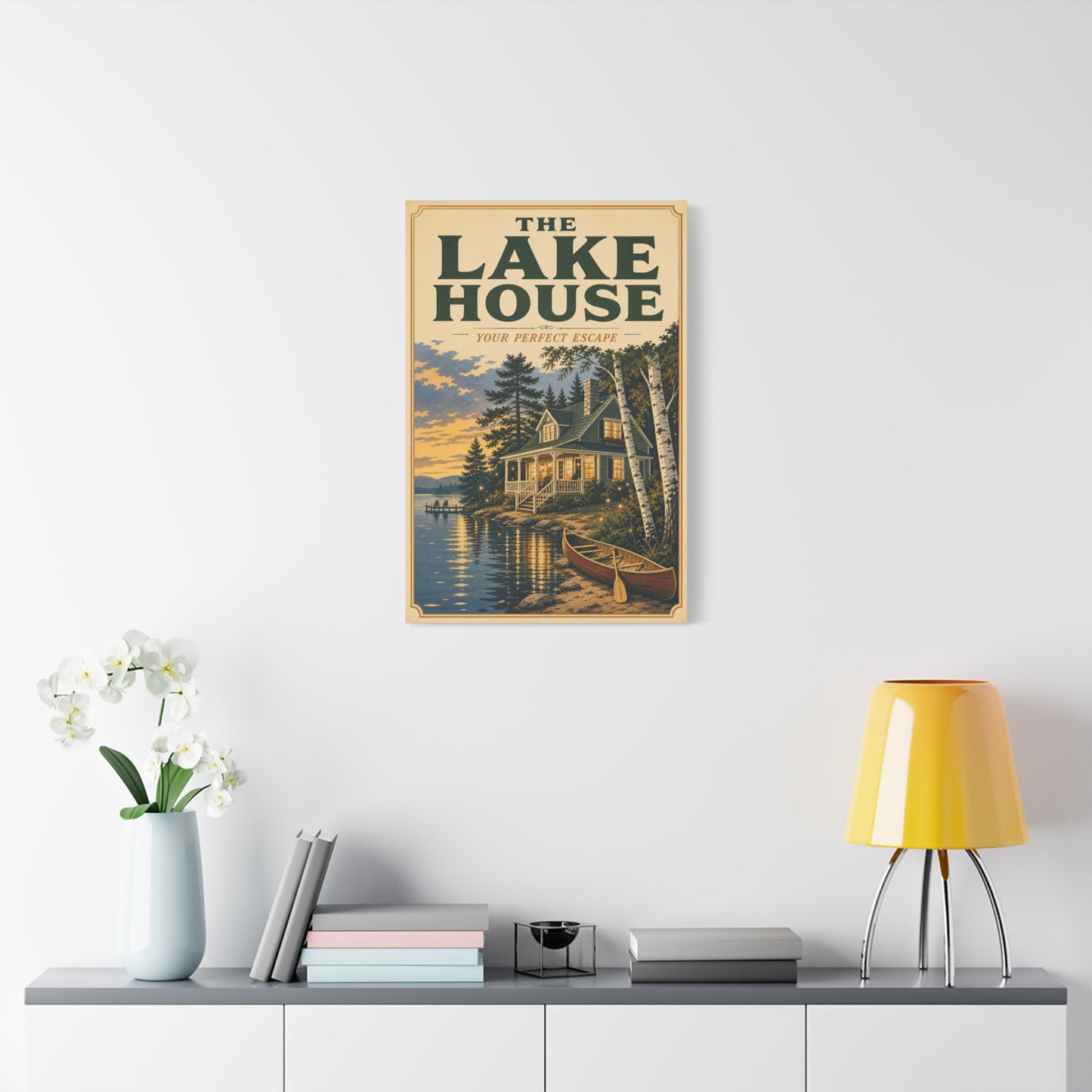 "The Lake House Your ideal Escape" Canvas Wall Art - Vintage Lakeside Cabin, Canoe And Birch Trees - Rustic Landscape Print - Living Room Wall Decor, Cabin Home Decoration - Bedroom Home Decoration