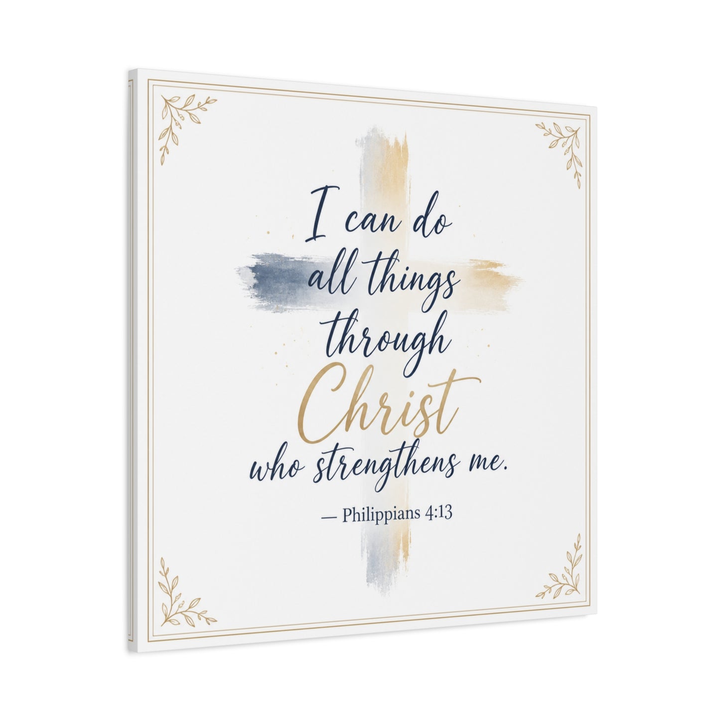 "I Can Do All Things Through Christ Who Strengthens Me. - Philippians 4:13" Christian Canvas Wall Art - Blue And Gold Scripture Quote Print - Traditional Typography - Bedroom Decor - Office Wall Art