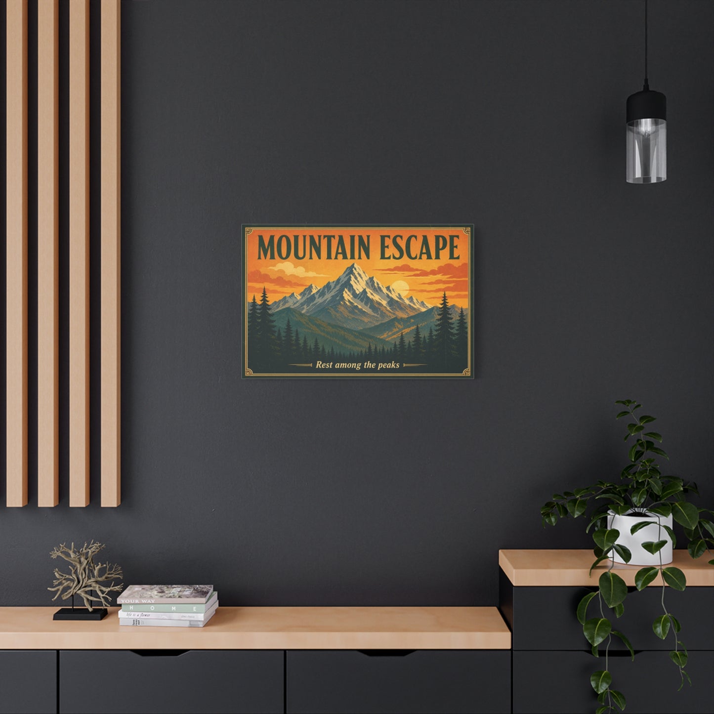 "Mountain Escape" Canvas Wall Art - Vintage Mountain Landscape Print, Sunset Pine Forest Poster Style - "Rest Among The Peaks" - Rustic Cabin Wall Decor, Living Room Home Accent - Ready to Hang