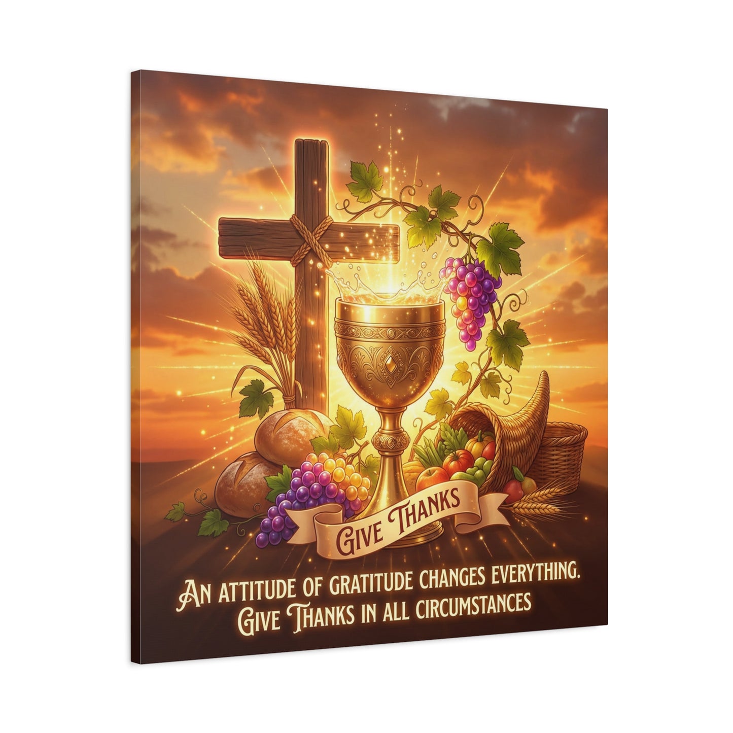 "Give Thanks" Christian Canvas Wall Art - Cross, Communion Chalice, Grapes, Bread - Gratitude Scripture Decor, Matte Cotton Print - Ready to Hang