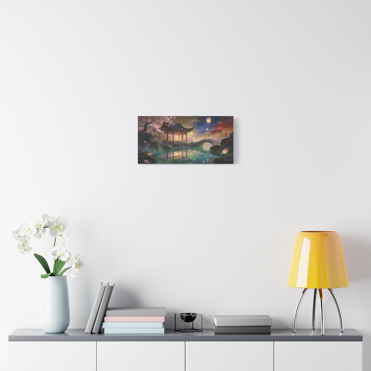 Japanese Garden Pavilion Canvas Wall Art - Cherry Blossom Pond, Lantern Night, Arched Bridge - Serene Traditional Landscape - Living Room Wall Decor, Bedroom Home Decoration - Bedroom Home Decoration