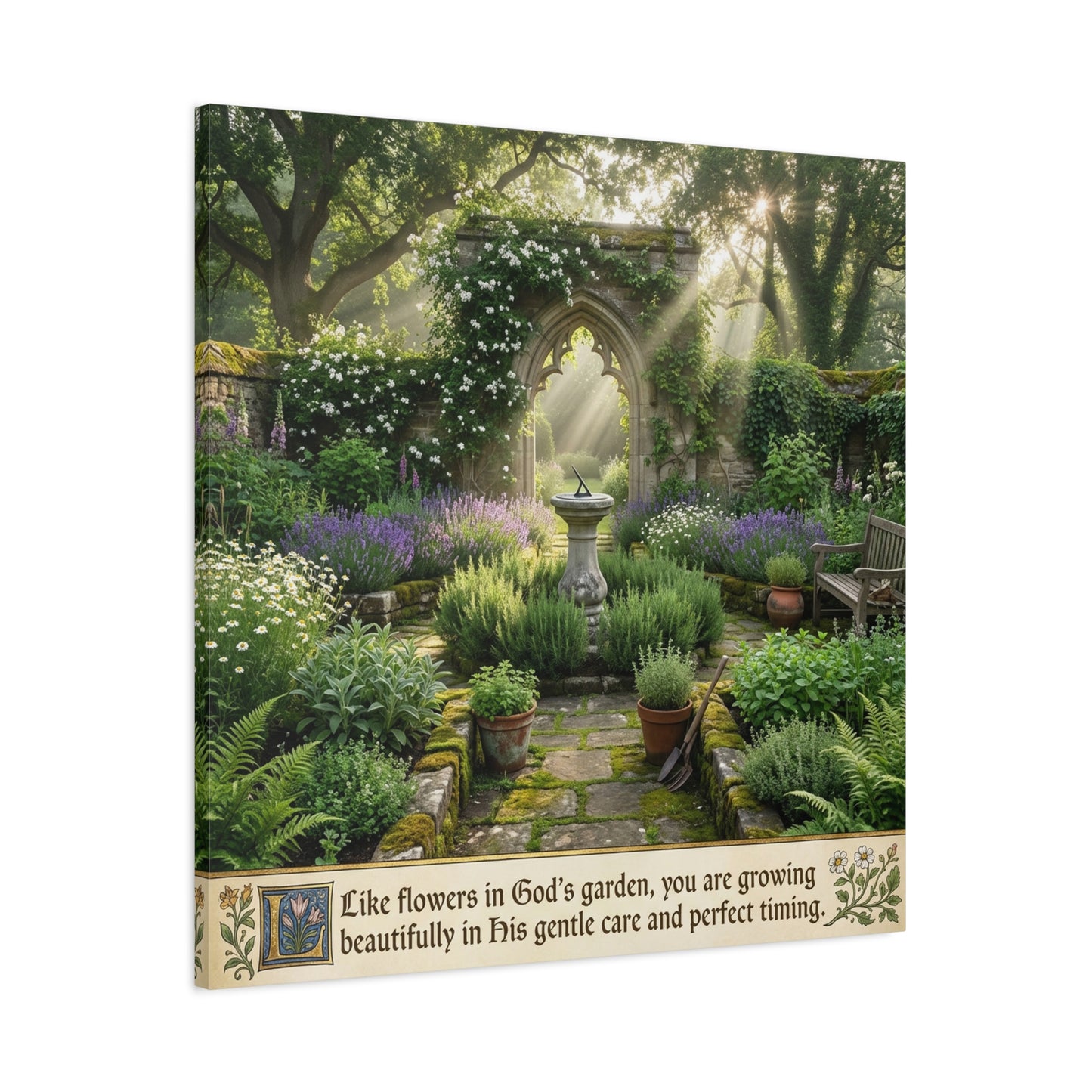 "Like Flowers In God's Garden, You Are Growing Beautifully In His Gentle Care And Divine Timing" Canvas Wall Art - Sunlit Garden Arch, Botanical Landscape Print - Living Room Decor - Office Wall Art