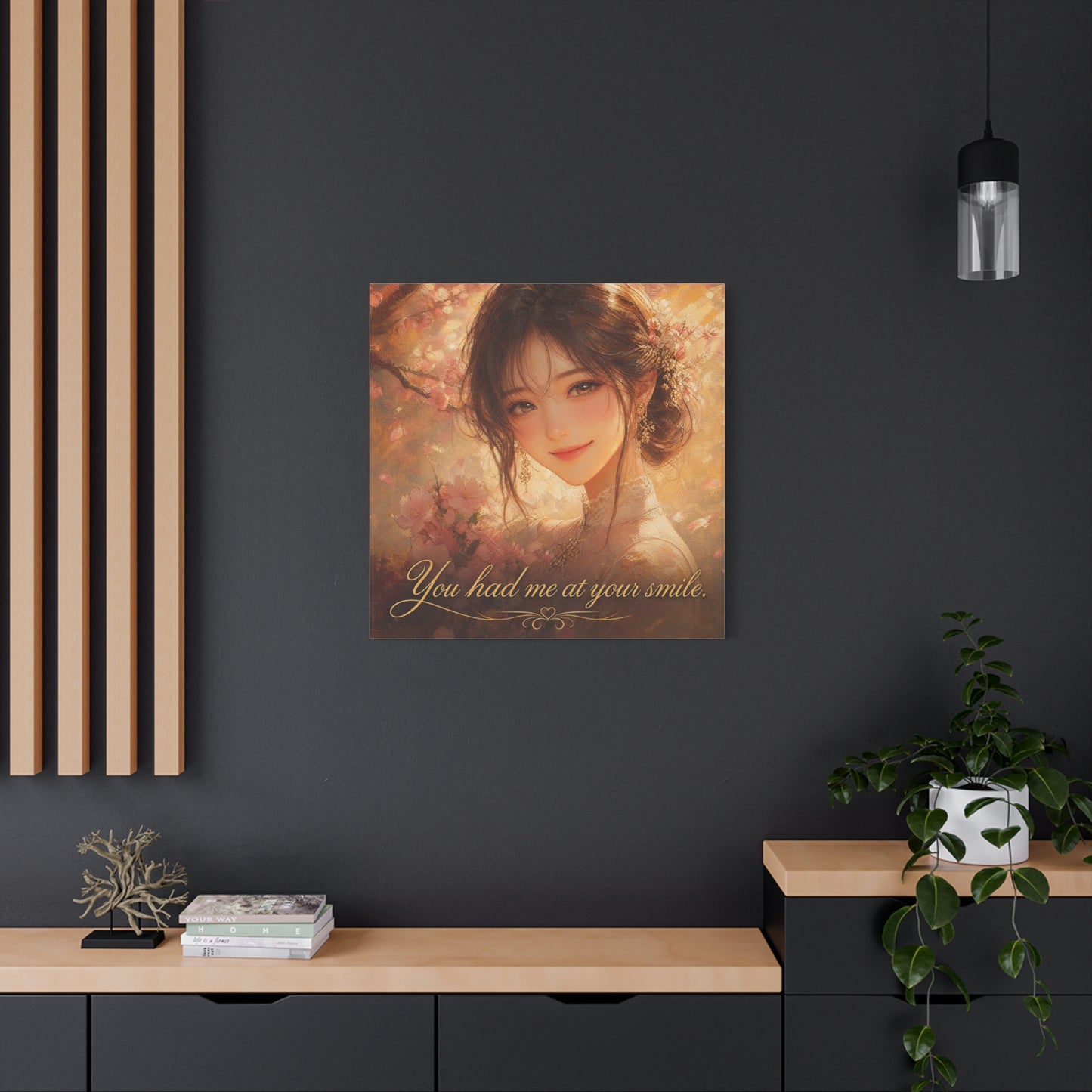 You Had Me At Your Smile Portrait Canvas Wall Art - Romantic Floral Woman Quote Print - Golden Blush Illustration - Traditional Style Living Room Decor - Ready to Hang - Living Room Wall Decor