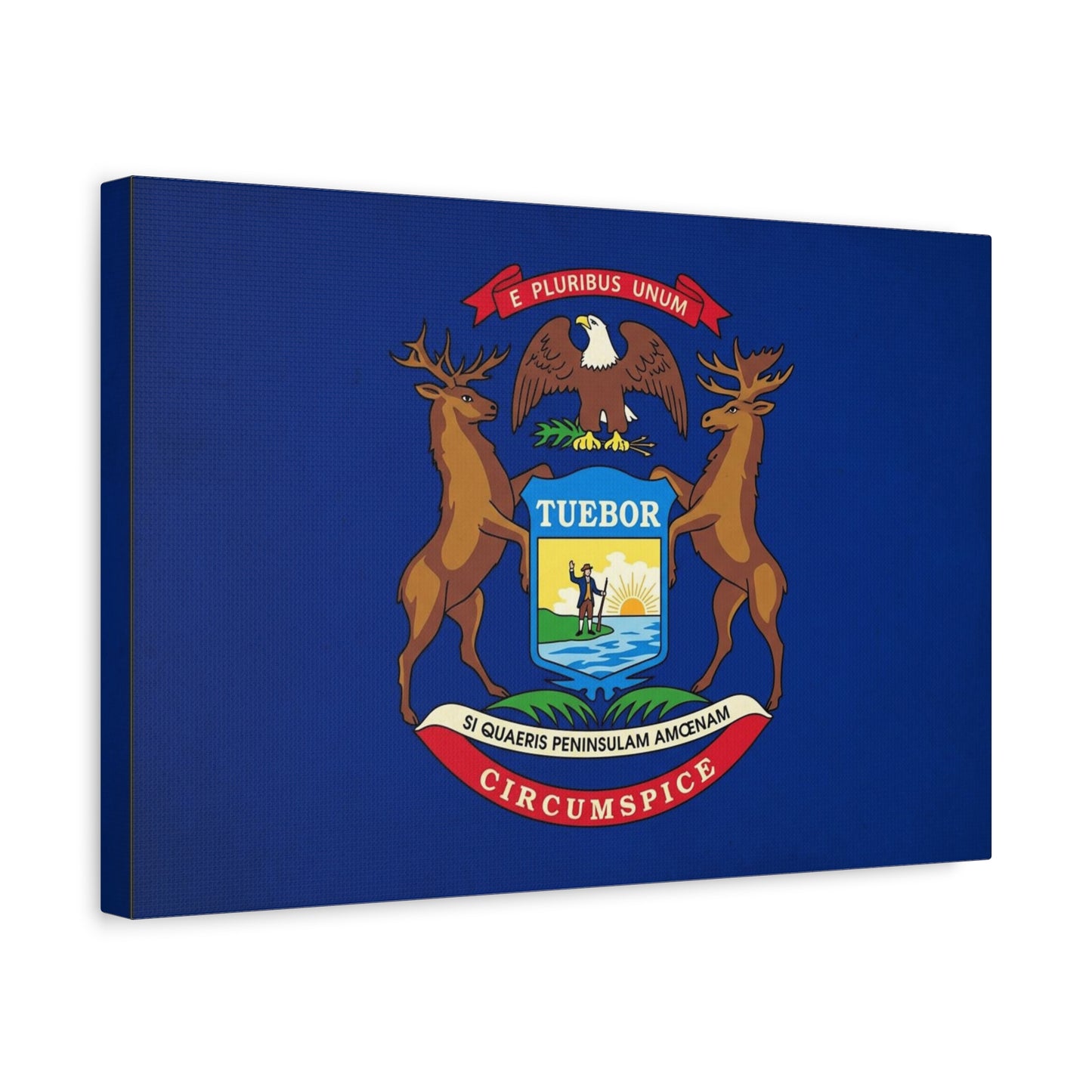 "E Pluribus Unum" Michigan State Flag Canvas Wall Art - Blue Crest With Elk Eagle And "Tuebor" - Vintage Heraldic Decor, Living Room Wall Decor, Office Art - Bedroom Home Decoration - Ready to Hang