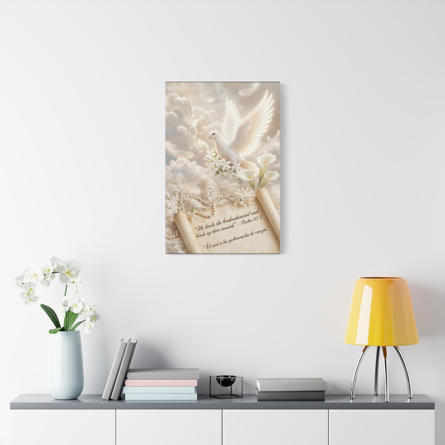 "He Heals The Brokenhearted And Binds Up Their Wounds" Dove Canvas Wall Art - Psalm 147:3 Scripture, White Lily Floral Design - Traditional Religious Decor For Bedroom - Office Wall Art