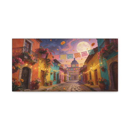Moonlit Colorful Colonial Street Canvas Wall Art - Papel Picado, Marigolds, Full Moon - Dreamy Matte Canvas Print - Living Room Wall Decor, Bedroom Home Decoration - Bedroom Home Decoration