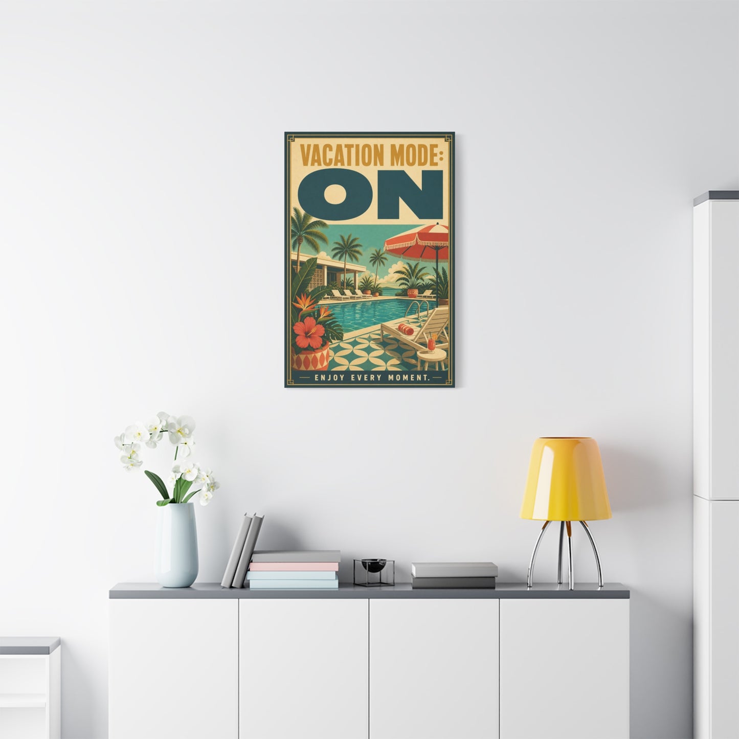 "Vacation Mode: On" Tropical Poolside Canvas Wall Art - Retro Resort Poster Print, Palm Tree Coastal Decor, Vintage Travel Style, Living Room Wall Decor, Vacation Rental Decoration - Ready to Hang