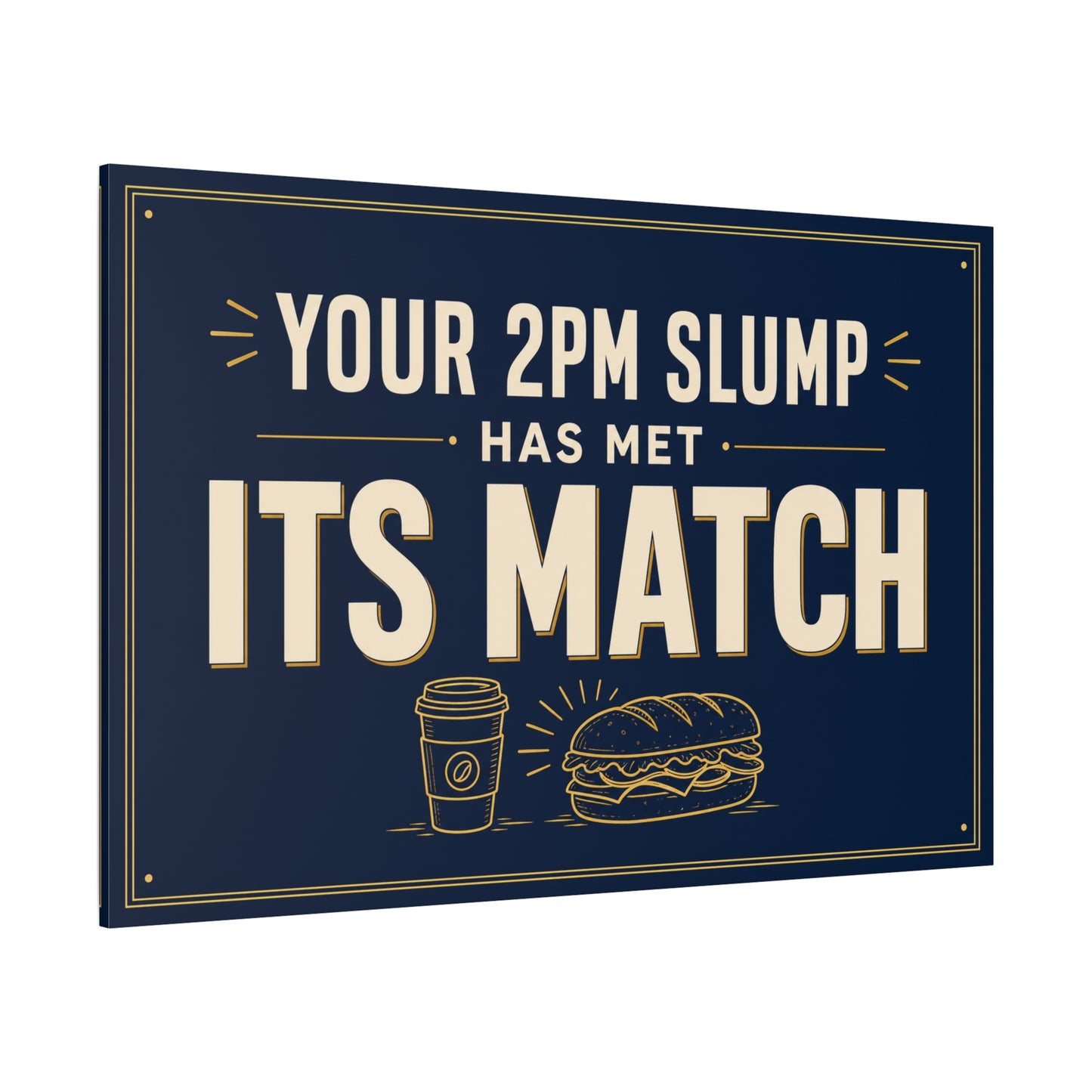 "Your 2PM Slump Has Met Its Match" Funny Canvas Wall Art - Coffee And Sandwich Typography Print - Navy Gold Retro Office Decor - Break Room Wall Hanging - Ready to Hang - Coffee Shop Decor