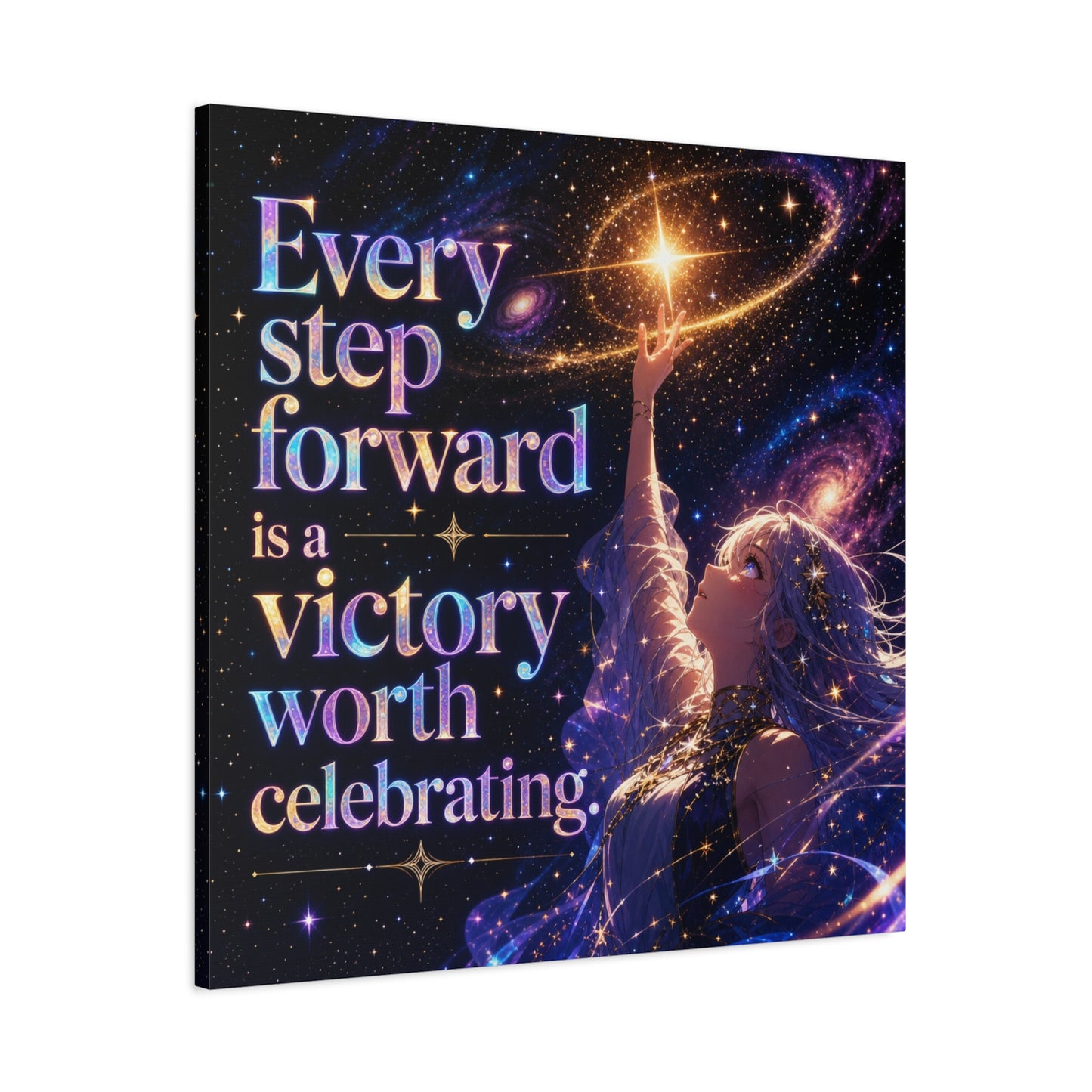 "Every Step Forward Is A Victory Worth Celebrating" Inspirational Canvas Wall Art - Cosmic Anime Girl Galaxy Quote Print - Celestial Purple Blue Decor - Bedroom Home Decoration - Office Wall Art
