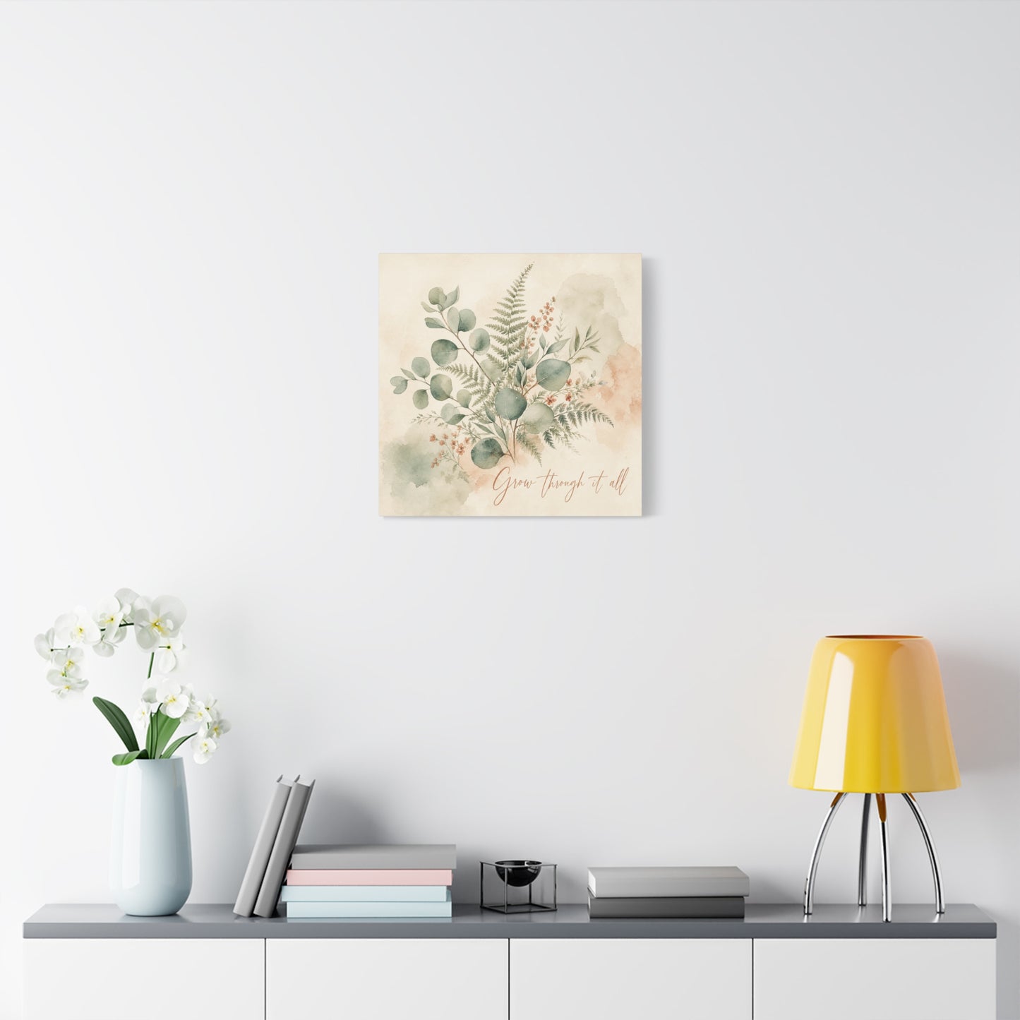 "Grow Through It All" Botanical Canvas Wall Art - Eucalyptus Fern Watercolor Quote Print, Sage Green Floral Home Decor - Modern Farmhouse Style, Bedroom Wall Hanging - Ready to Hang - Ready to Hang