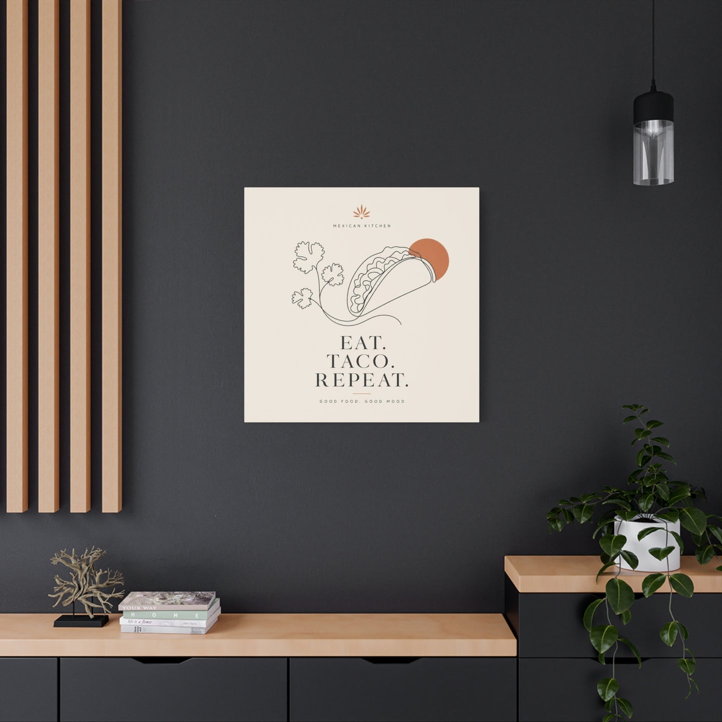 "Eat. Taco. Repeat." Mexican Kitchen Canvas Wall Art - Minimalist Taco Line Illustration, Terracotta Sun, Typography Print - Modern Kitchen Decor, Cafe Wall Decor, Dining Room Accent - Ready to Hang