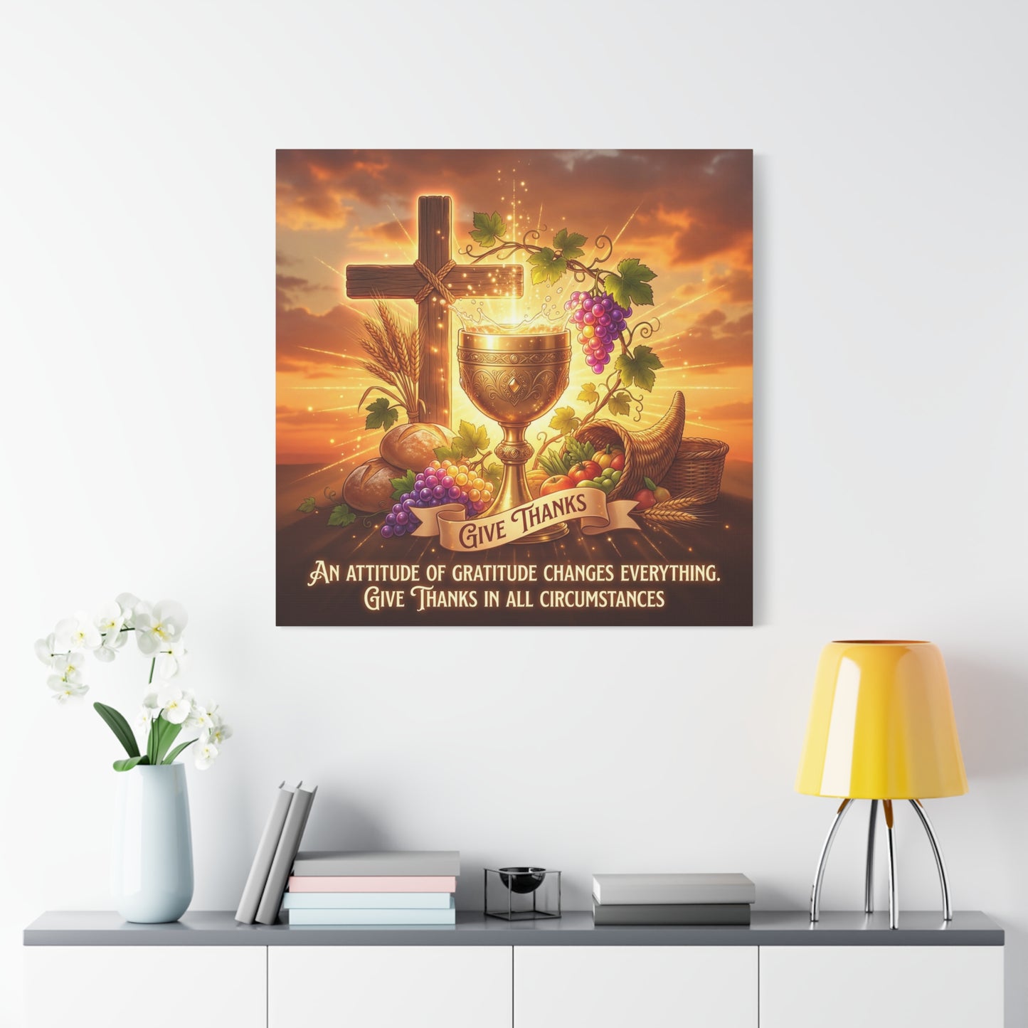 "Give Thanks" Christian Canvas Wall Art - Cross, Communion Chalice, Grapes, Bread - Gratitude Scripture Decor, Matte Cotton Print - Ready to Hang