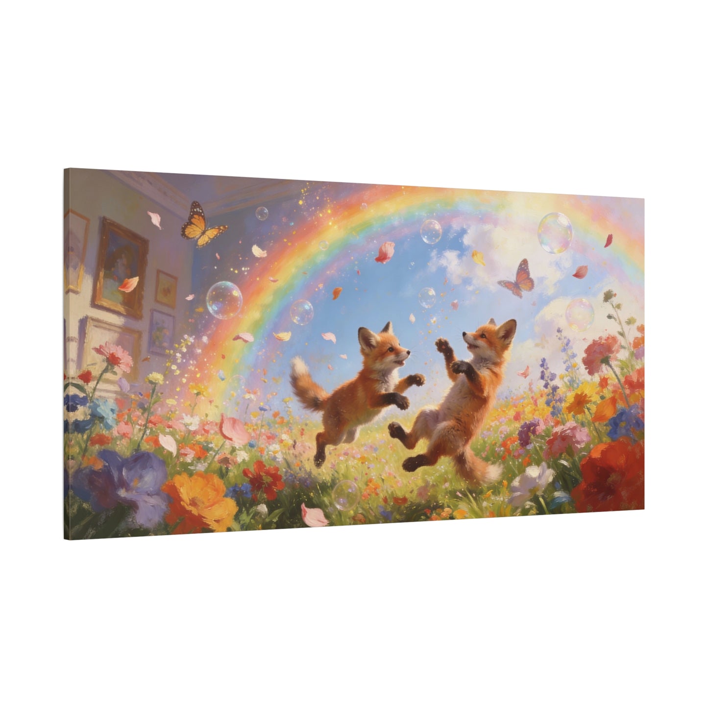 Fox Cub Canvas Wall Art - Whimsical Rainbow Meadow Painting, Butterflies And Wildflowers - Matte Canvas Print - Bohemian Nursery Wall Hanging, Bedroom Home Decoration Accent - Bedroom Home Decoration