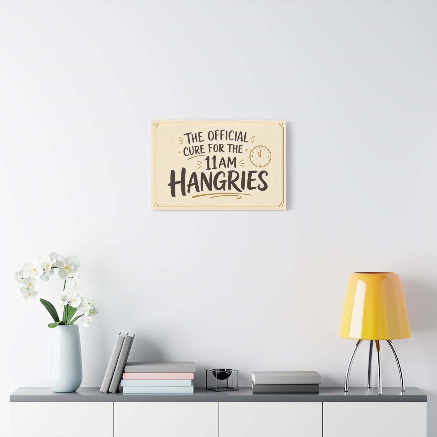 "The Official Cure For The 11 Am Hangries" Funny Typography Canvas Wall Art - Beige Black Quote Print, Modern Office Decor, Kitchen Wall Hanging - Bedroom Home Decoration - Bedroom Home Decoration