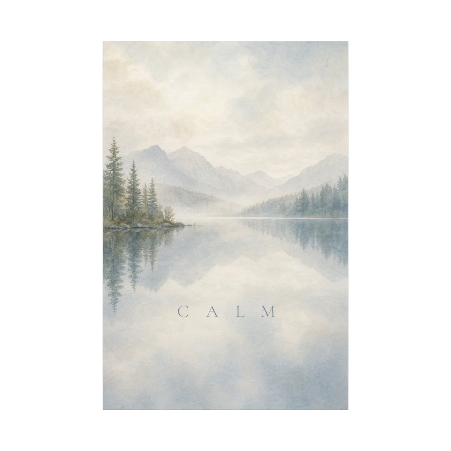 "Calm" Mountain Lake Canvas Wall Art - Misty Pine Forest Reflection Print - Serene Blue Landscape - Minimalist Nature Decor - Bedroom Home Decoration, Meditation Space - Living Room Wall Decor